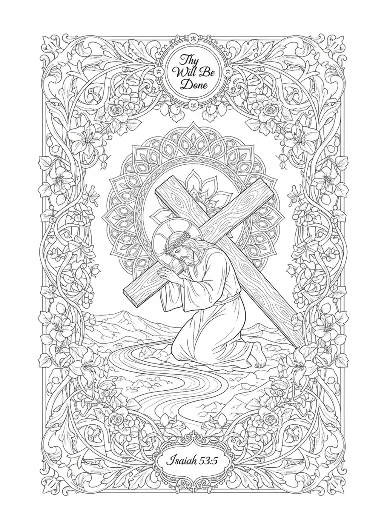 Jesus kniet nach dem Fallen, Ausmalbild für Erwachsene zur 5. Station des Kreuzwegs im Bibel-Journaling-Stil.