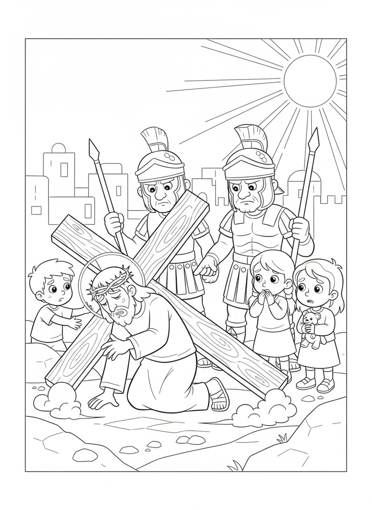 Jésus tombant sous la croix, page à colorier des Stations de la Croix 5 pour les enfants de 5 à 10 ans