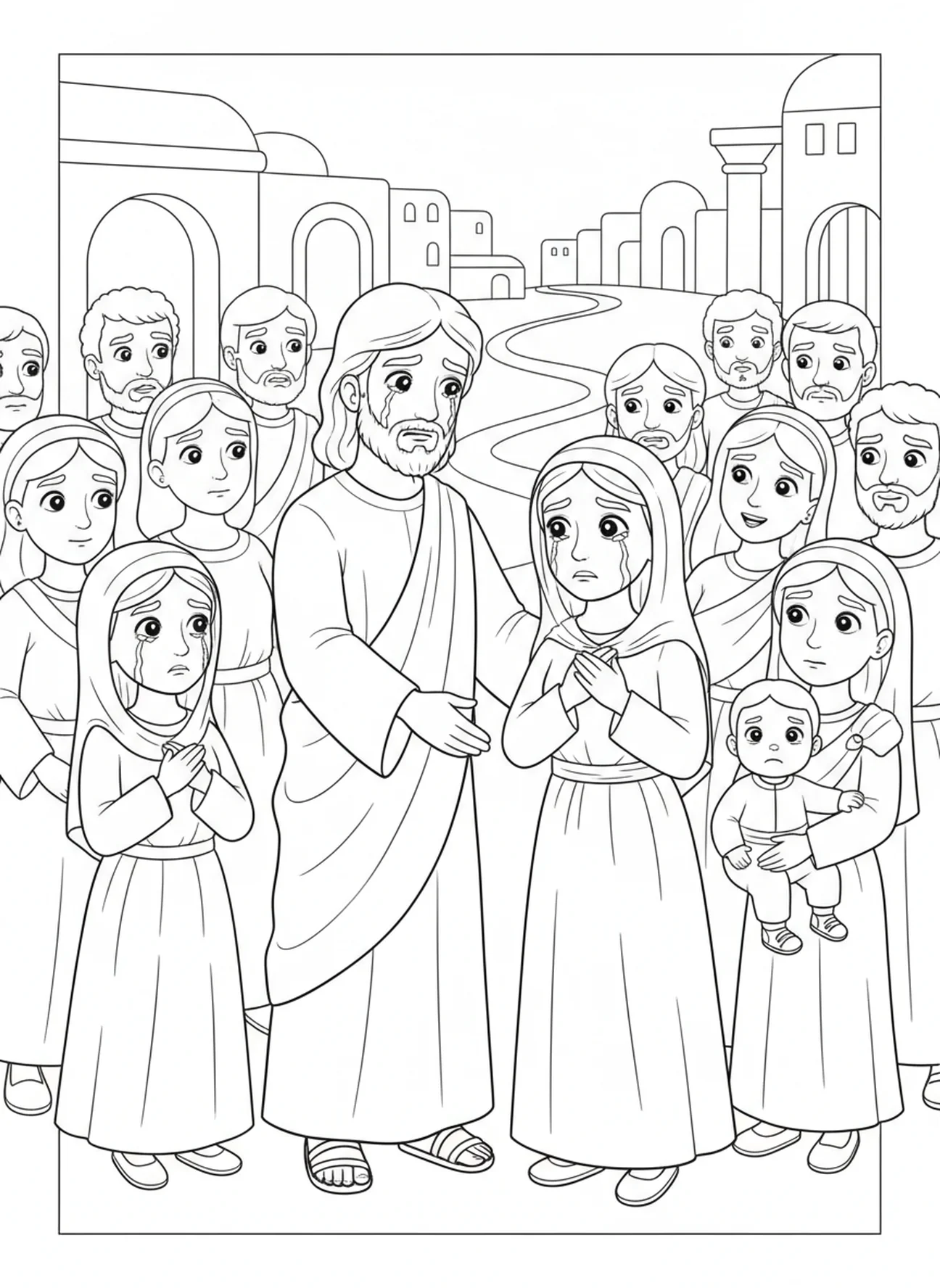 Jésus rencontrant sa mère Marie, coloriage de la 5ème station du chemin de croix pour les enfants de 5 à 10 ans