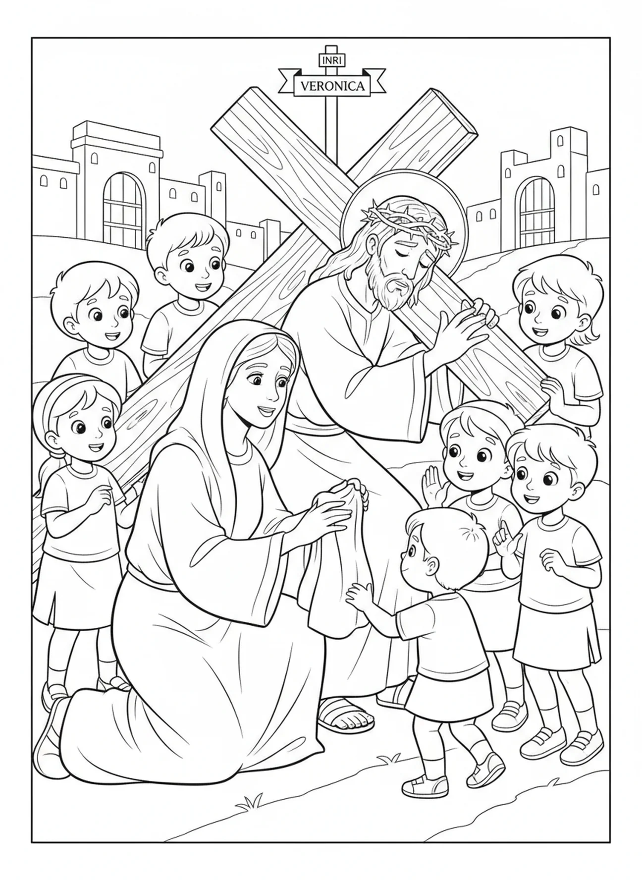 Véronique essuyant le visage de Jésus, page à colorier des Stations de la Croix 5 pour les enfants de 5 à 10 ans