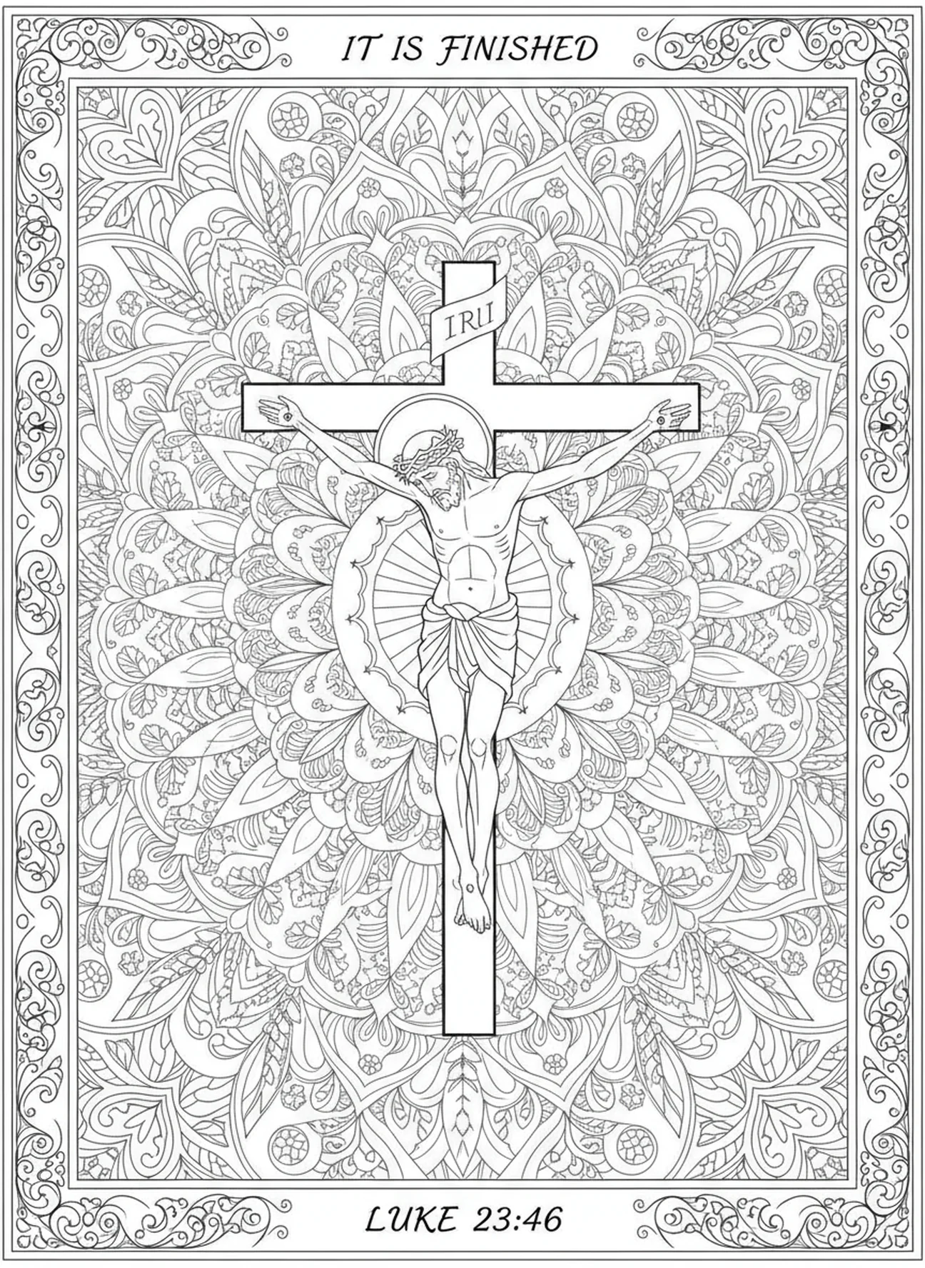 Jesus, der seinen letzten Atemzug am Kreuz nimmt, Ausmalbild Stationen des Kreuzes 6 für Erwachsene im Stil des Bibeljournalings.