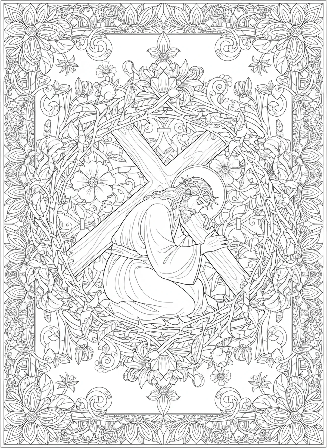 Jesus fällt unter dem Kreuz, Ausmalbild für Erwachsene zur 6. Station des Kreuzwegs im Bibel-Journaling-Stil.