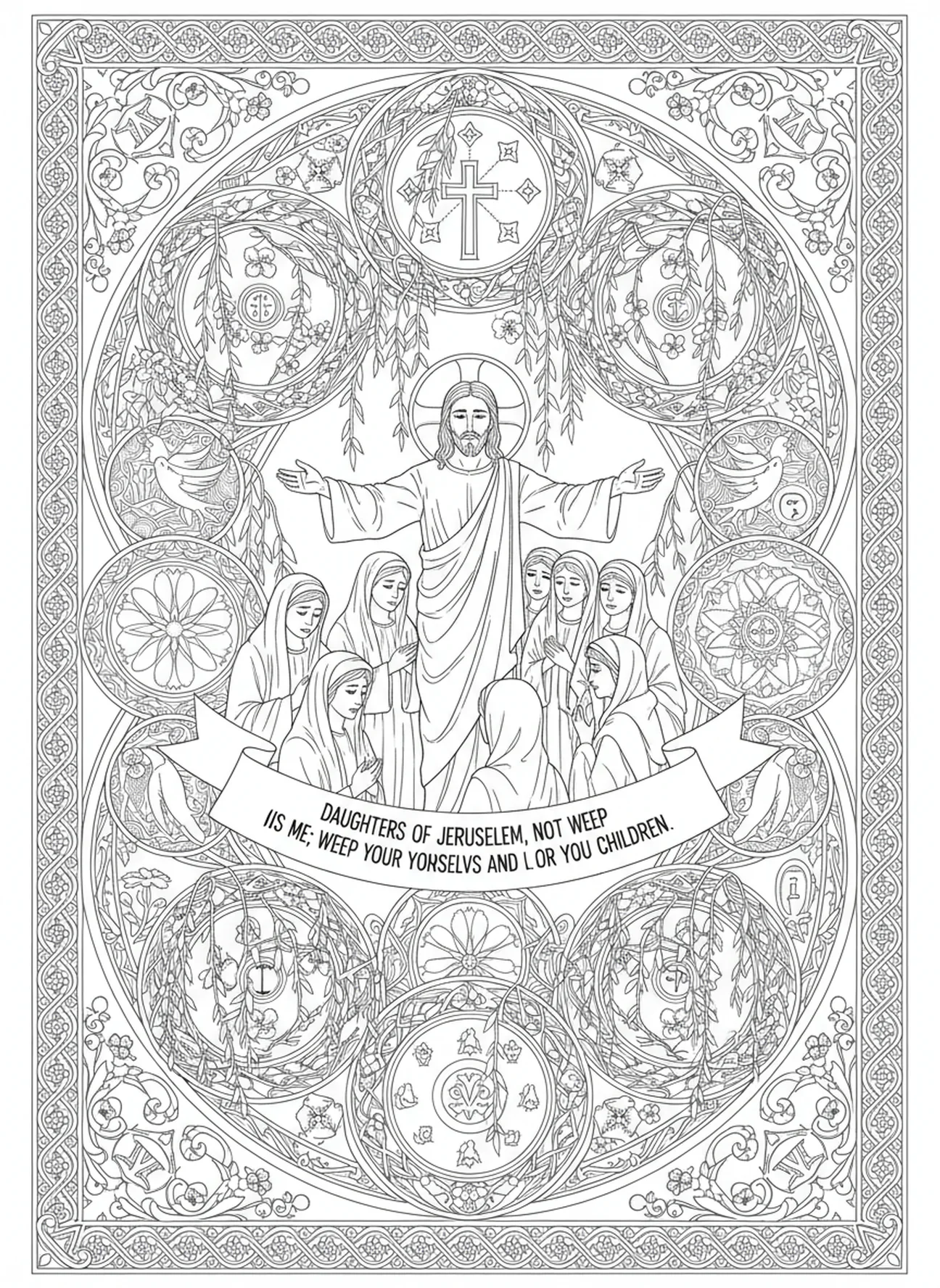 Jesus begegnet den Frauen von Jerusalem, Ausmalbild zur 6. Station des Kreuzwegs für Erwachsene im Stil des Bibel-Journaling.