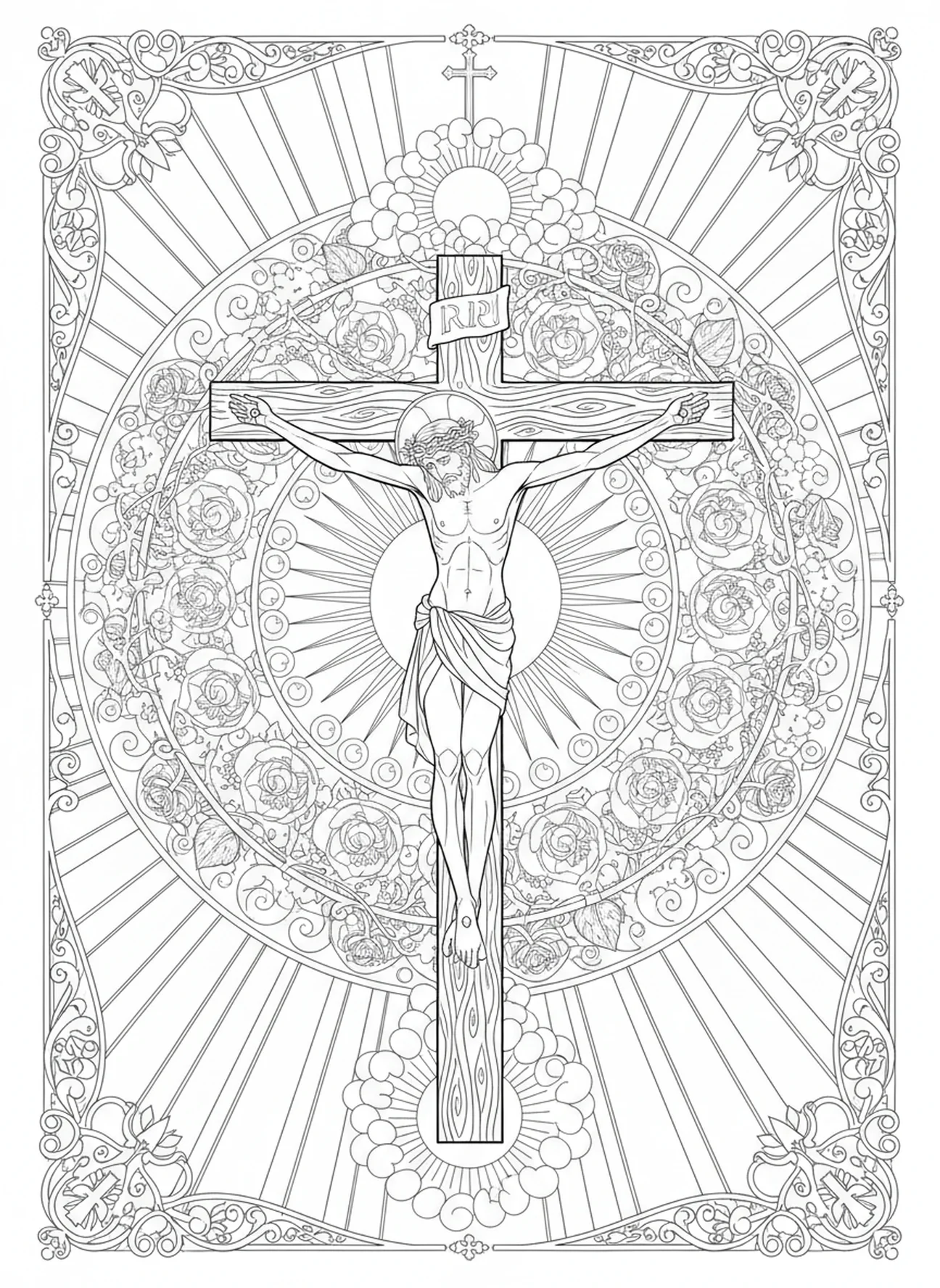 Jesus am Kreuz, Ausmalbild für Erwachsene zur 6. Station des Kreuzwegs im Bibel-Journaling-Stil.