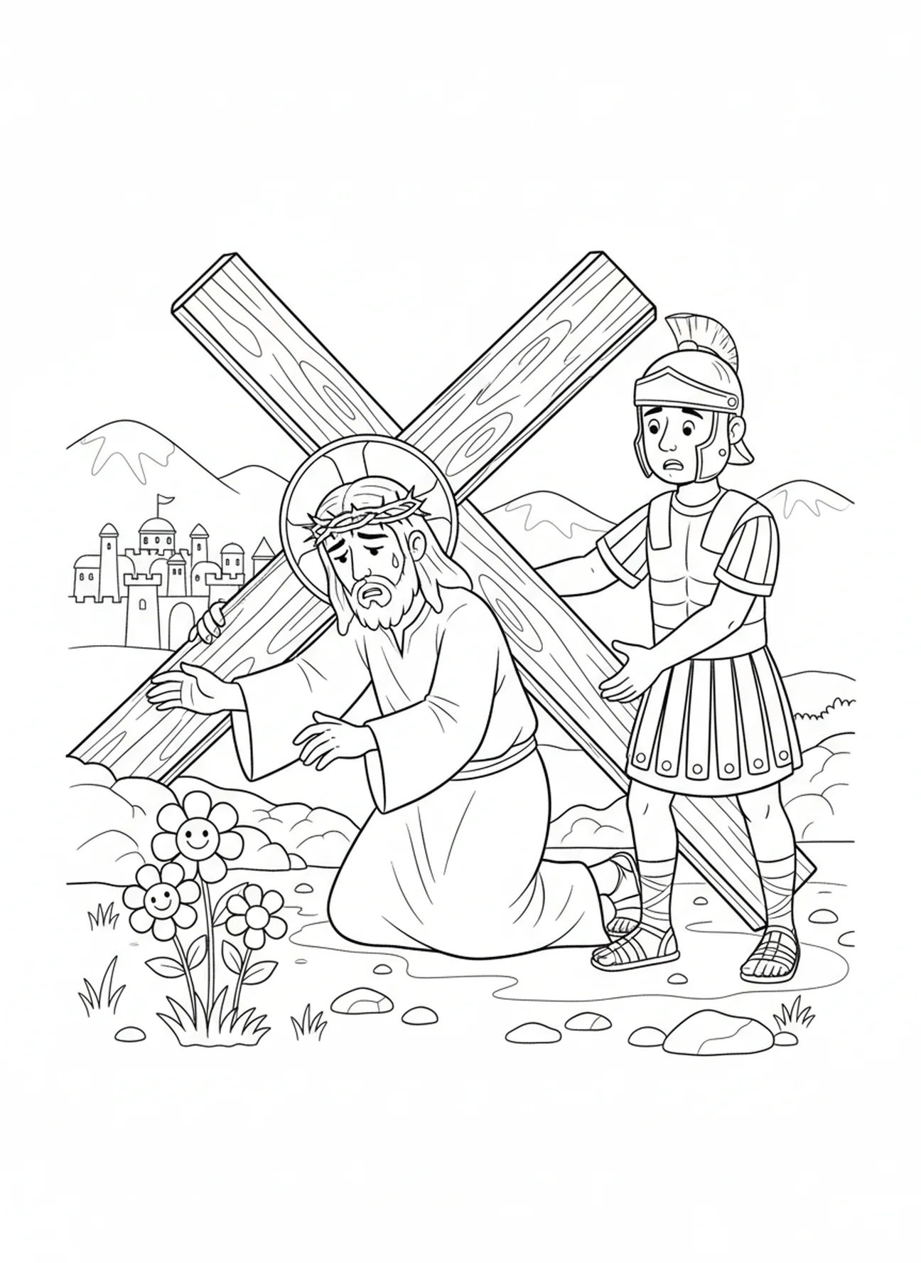 Jesús cayendo bajo la cruz, página para colorear de la Estación de la Cruz 6 para niños de 5 a 10 años.