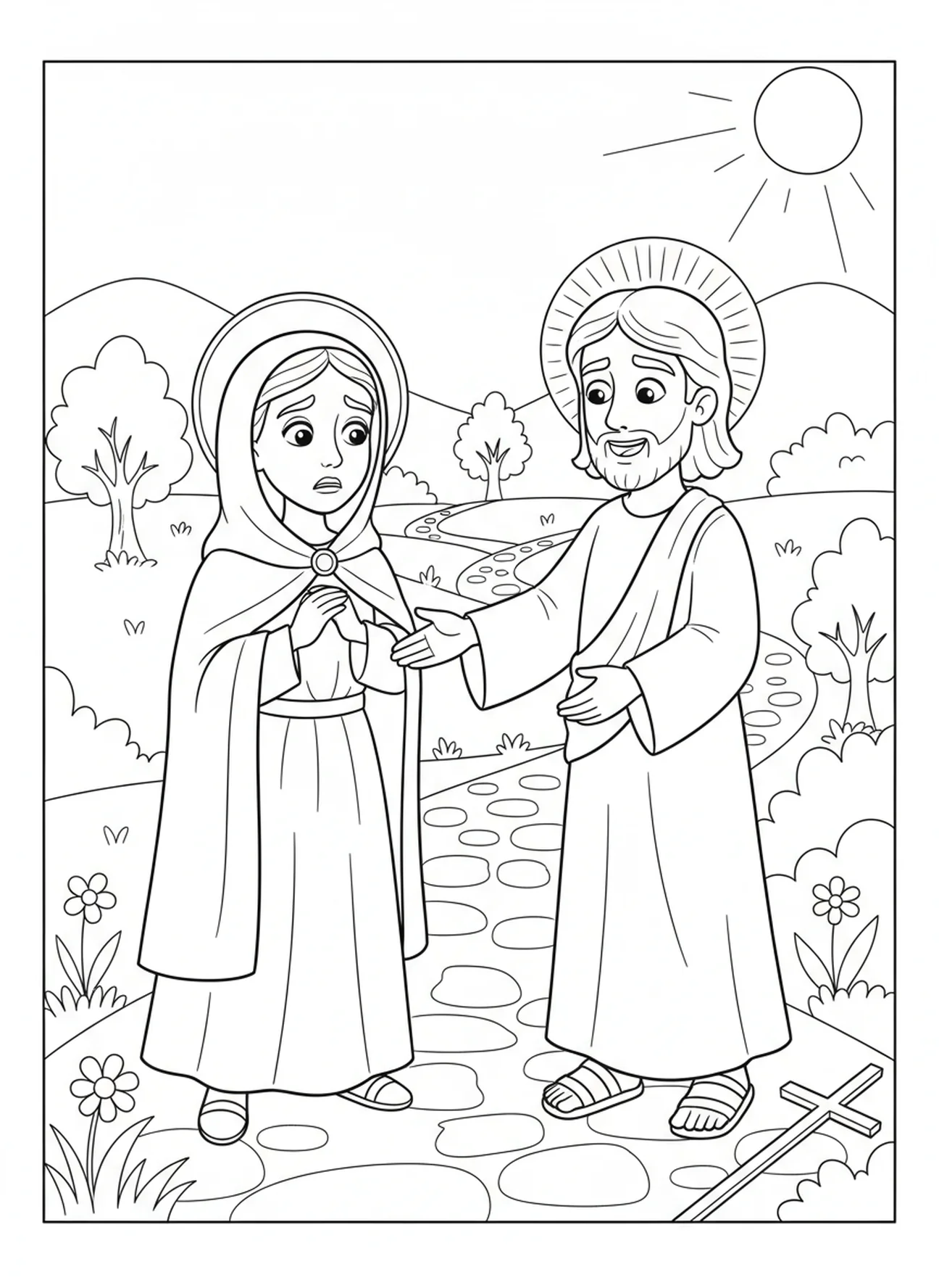 Jesús se encuentra con María, página para colorear de la Estación de la Cruz 6 para niños de 5 a 10 años.