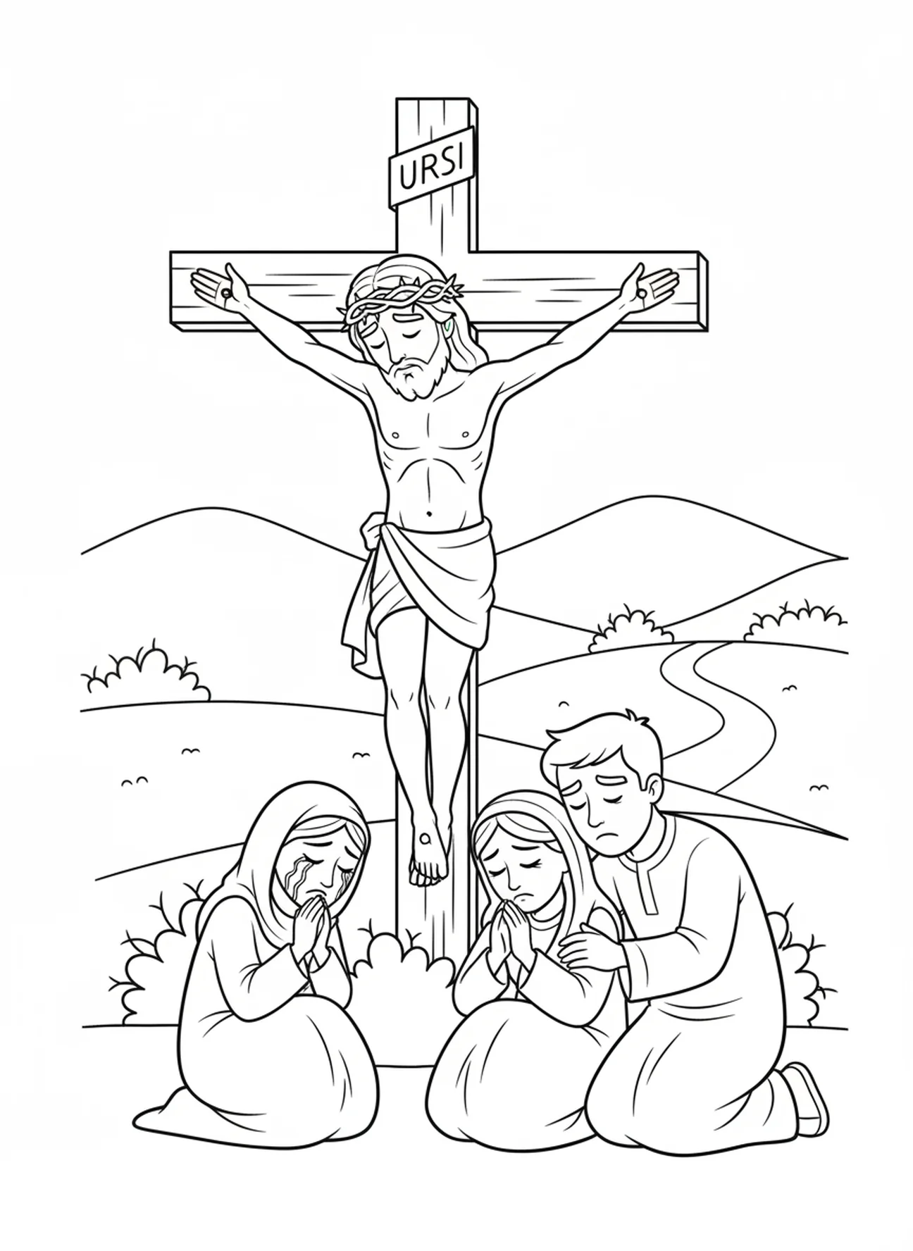 Jesús en la cruz, página para colorear de la Estación de la Cruz 6 para niños de 5 a 10 años.