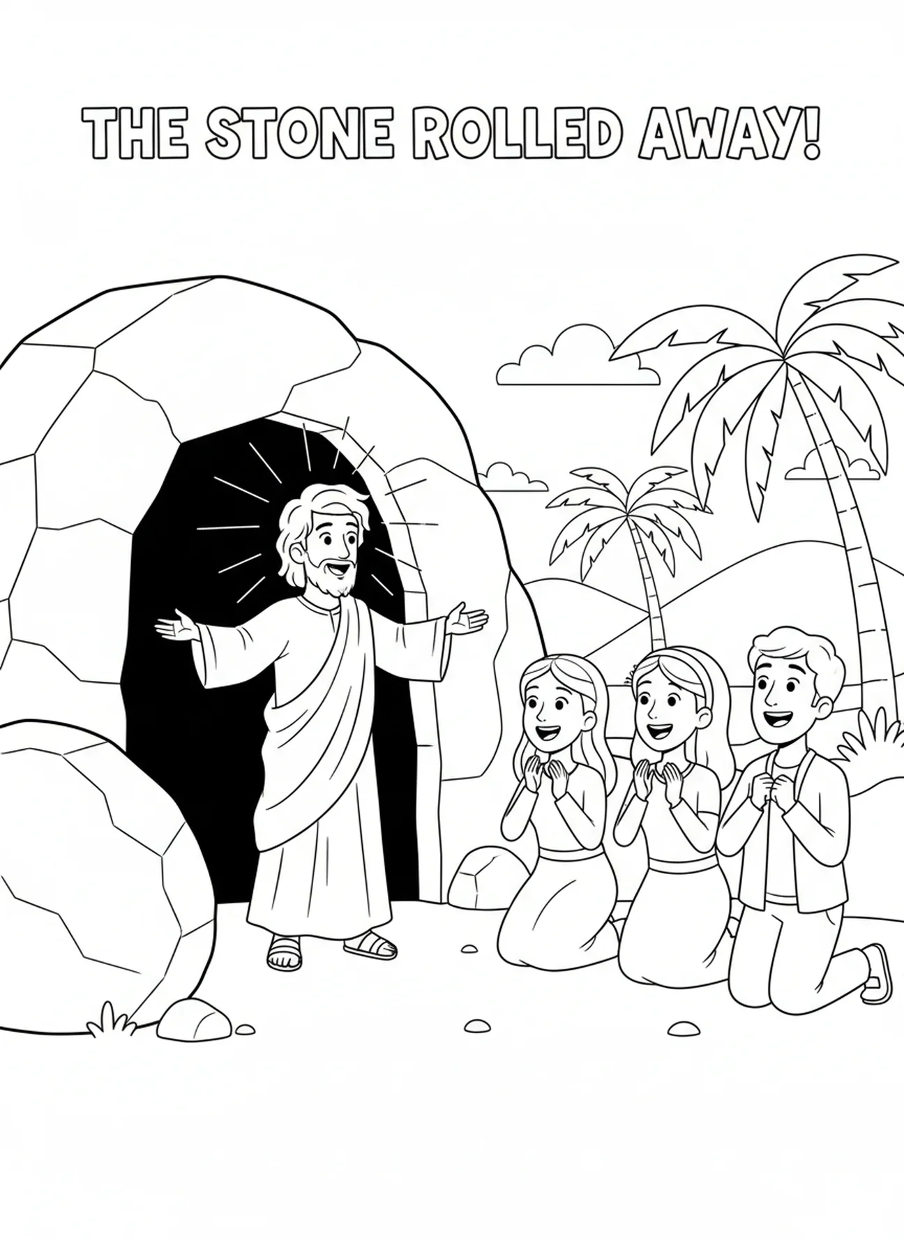 Jesús resucitado de la tumba, página para colorear de la Estación de la Cruz 6 para niños de 5 a 10 años.