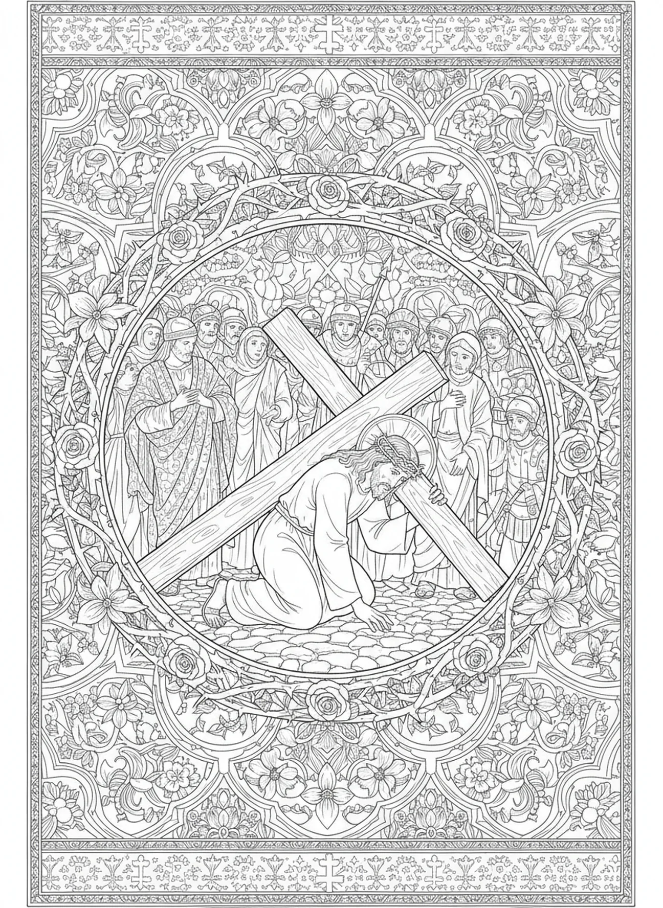 Jesus fällt unter dem Kreuz, Stationskreuz 7 Ausmalbild für Erwachsene im Stil des Bibeljournaling.