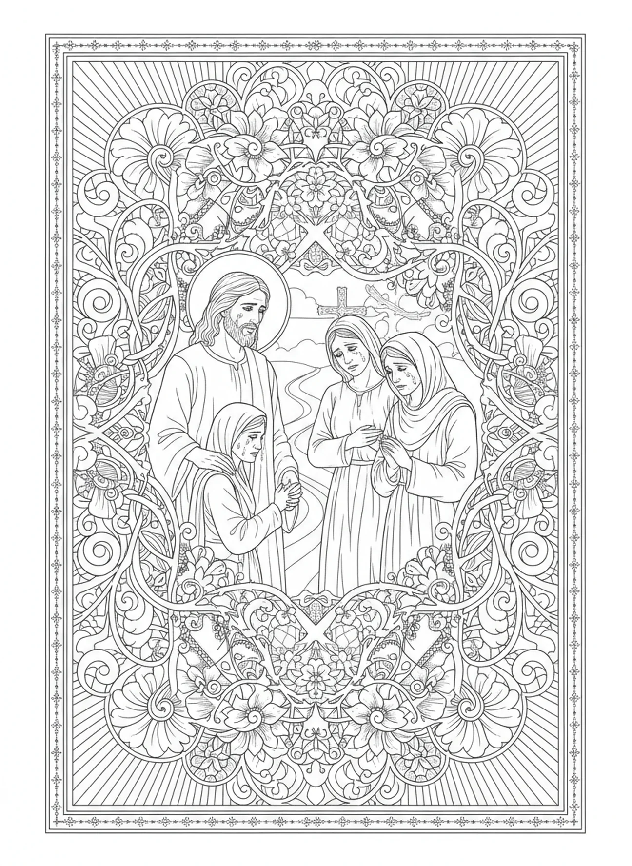 Jesus spricht zu weinenden Frauen, Ausmalbild Stationen des Kreuzes 7 für Erwachsene im Bibel-Journaling-Stil.