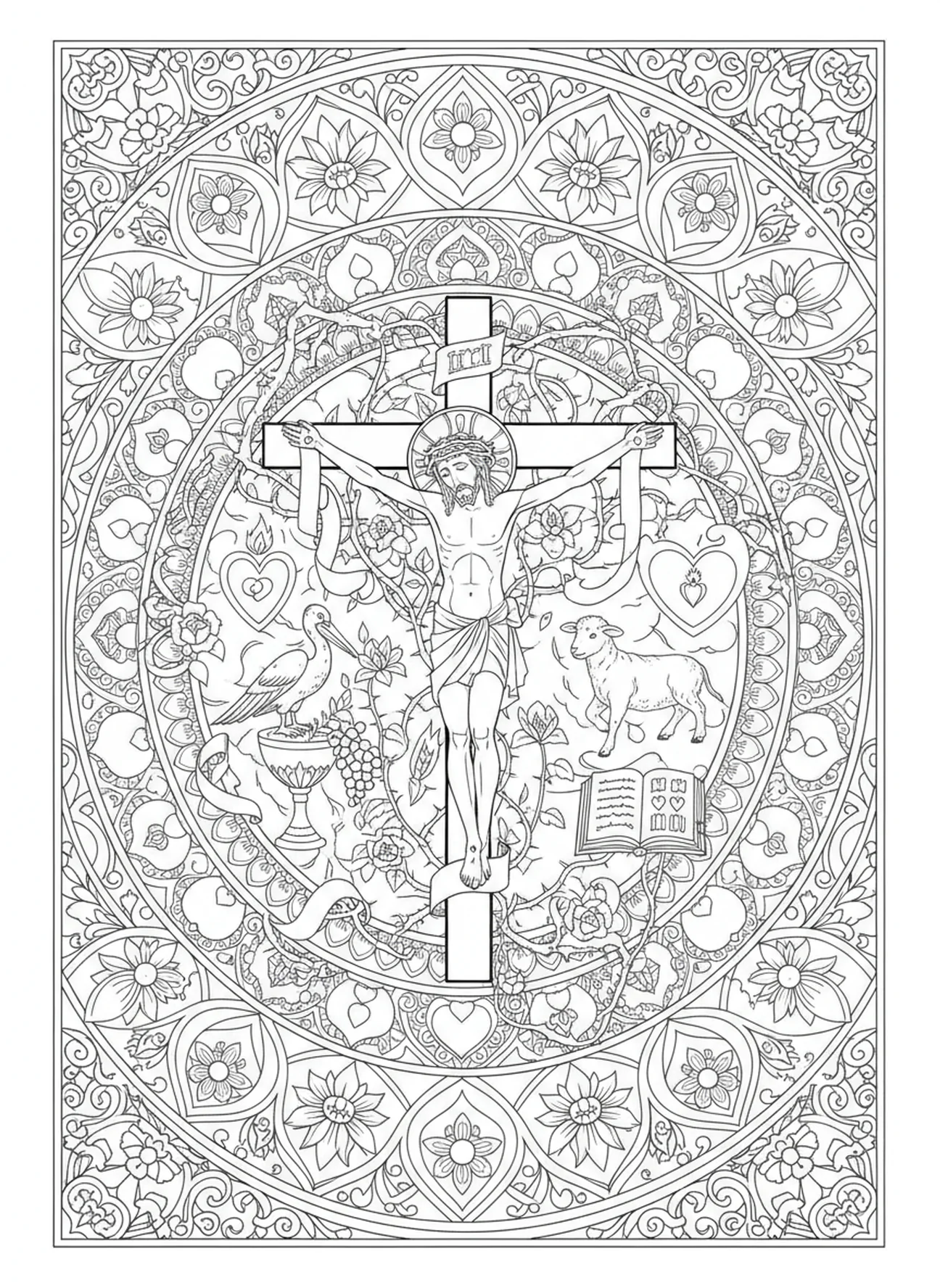 Jesus am Kreuz, Kreuzweg Station 7 Ausmalbild für Erwachsene im Stil des Bibeljournaling.