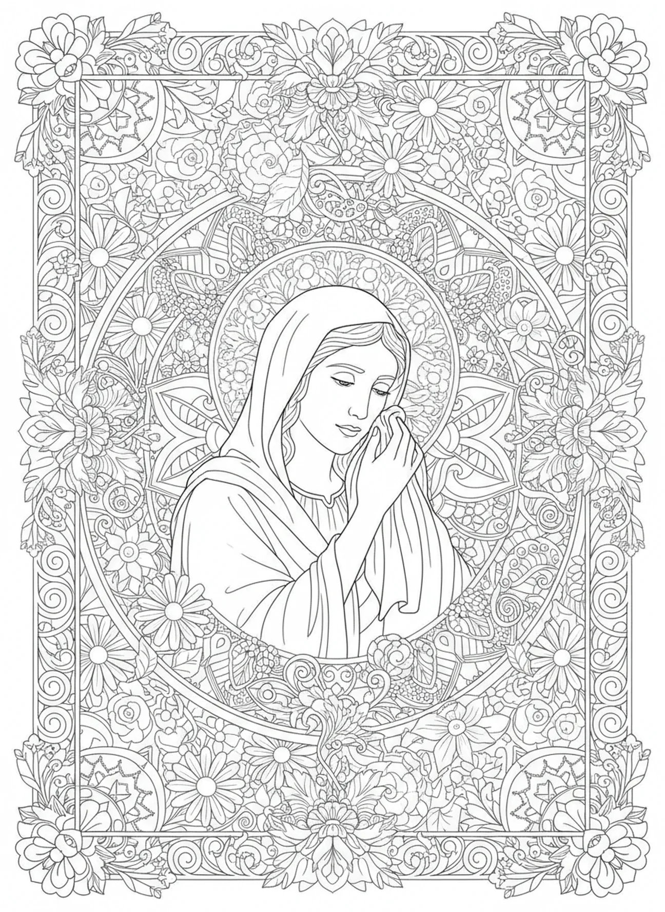 Veronika wischt Jesus' Gesicht ab, Malvorlage für Erwachsene zum 7. Station des Kreuzwegs im Bibel-Journaling-Stil.