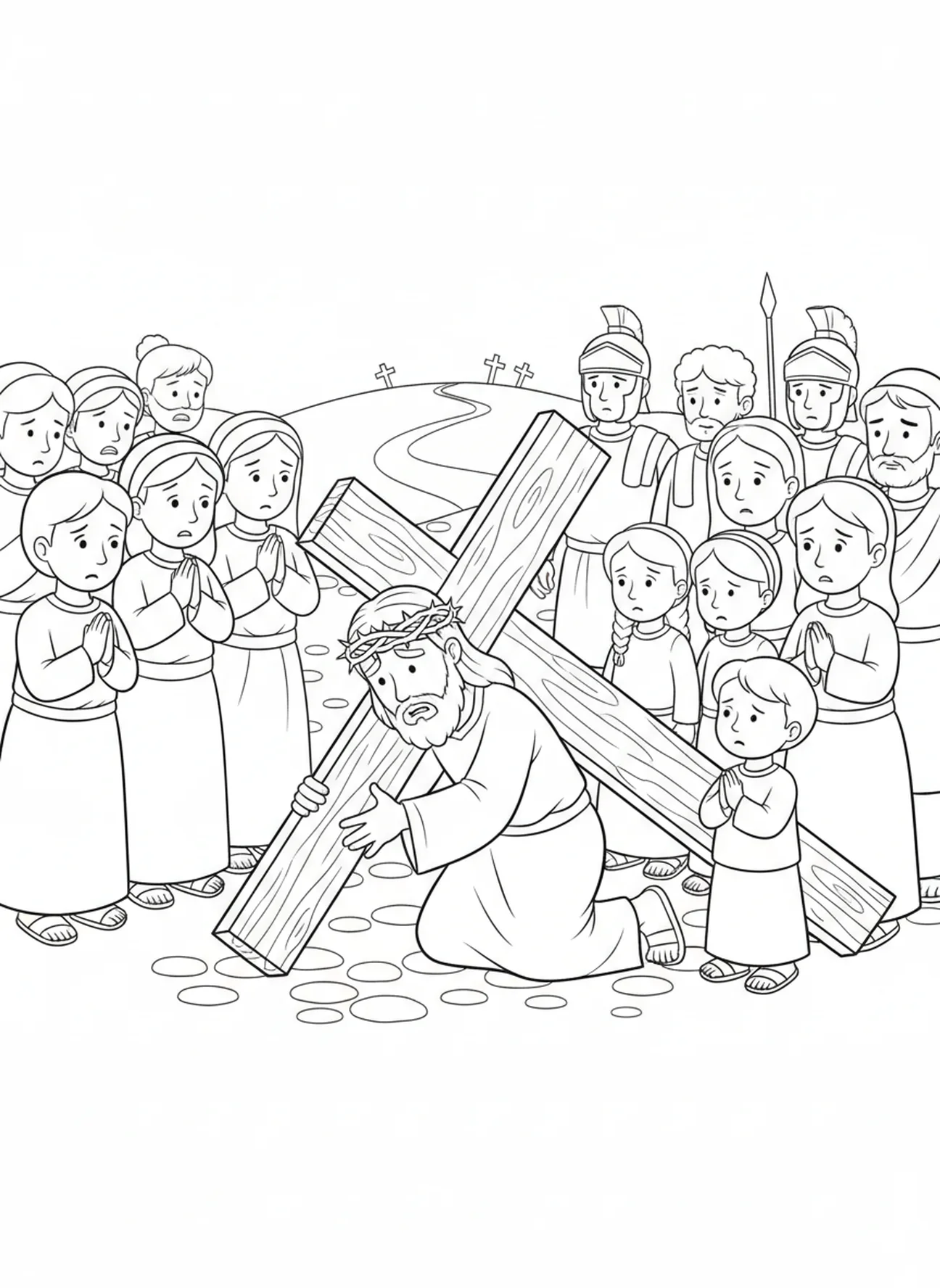 Jésus tombant sous la croix, coloriage de la 7ème station du chemin de croix pour les enfants de 5 à 10 ans.