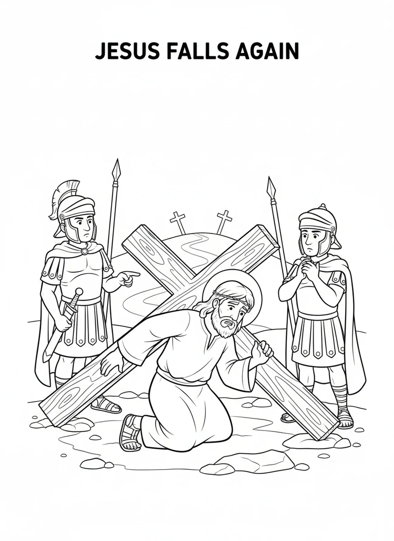 Jésus tombant à nouveau avec la croix, page à colorier des Stations de la Croix 7 pour les enfants de 5 à 10 ans.