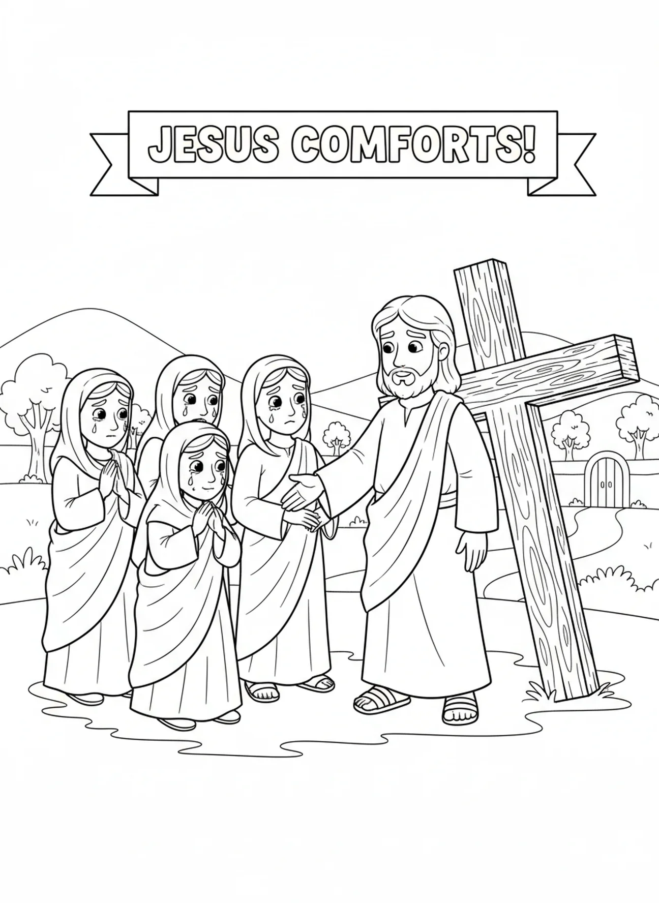 Jésus rencontrant des femmes compatissantes, page à colorier des Stations de la Croix 7 pour les enfants de 5 à 10 ans.