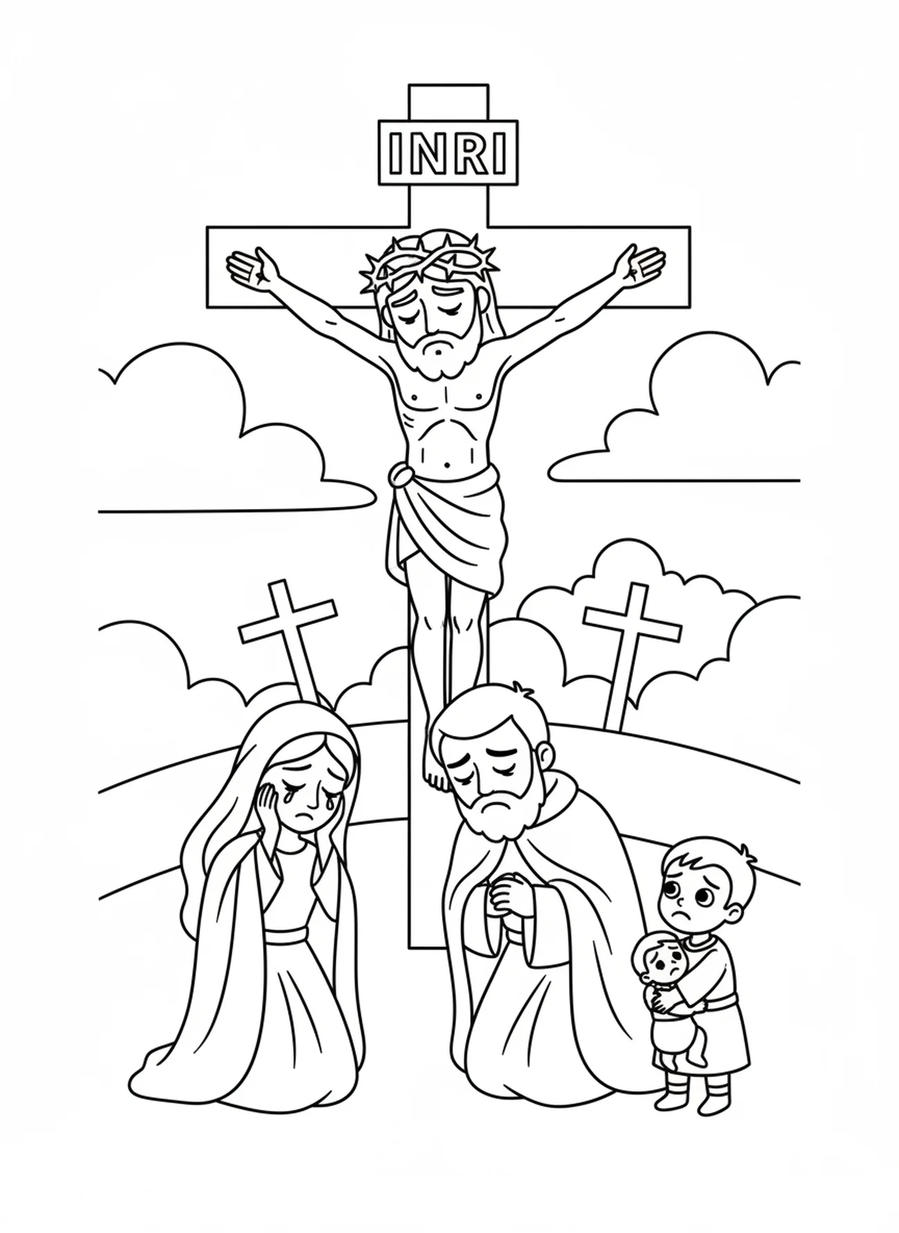 Jésus sur la croix avec des pleureurs, page à colorier des Stations de la Croix 7 pour les enfants de 5 à 10 ans.