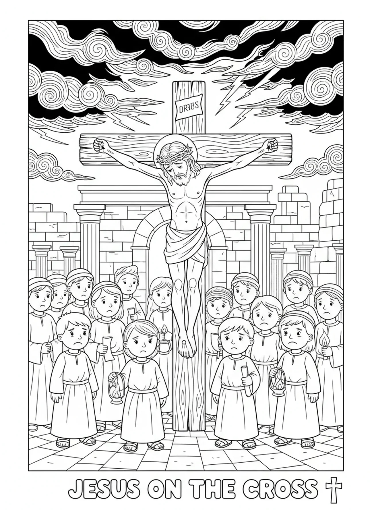 Jesus stirbt am Kreuz, Ausmalbild Stationen des Kreuzes 7 für die Sonntagsschule für Kinder im Alter von 5-12 Jahren.
