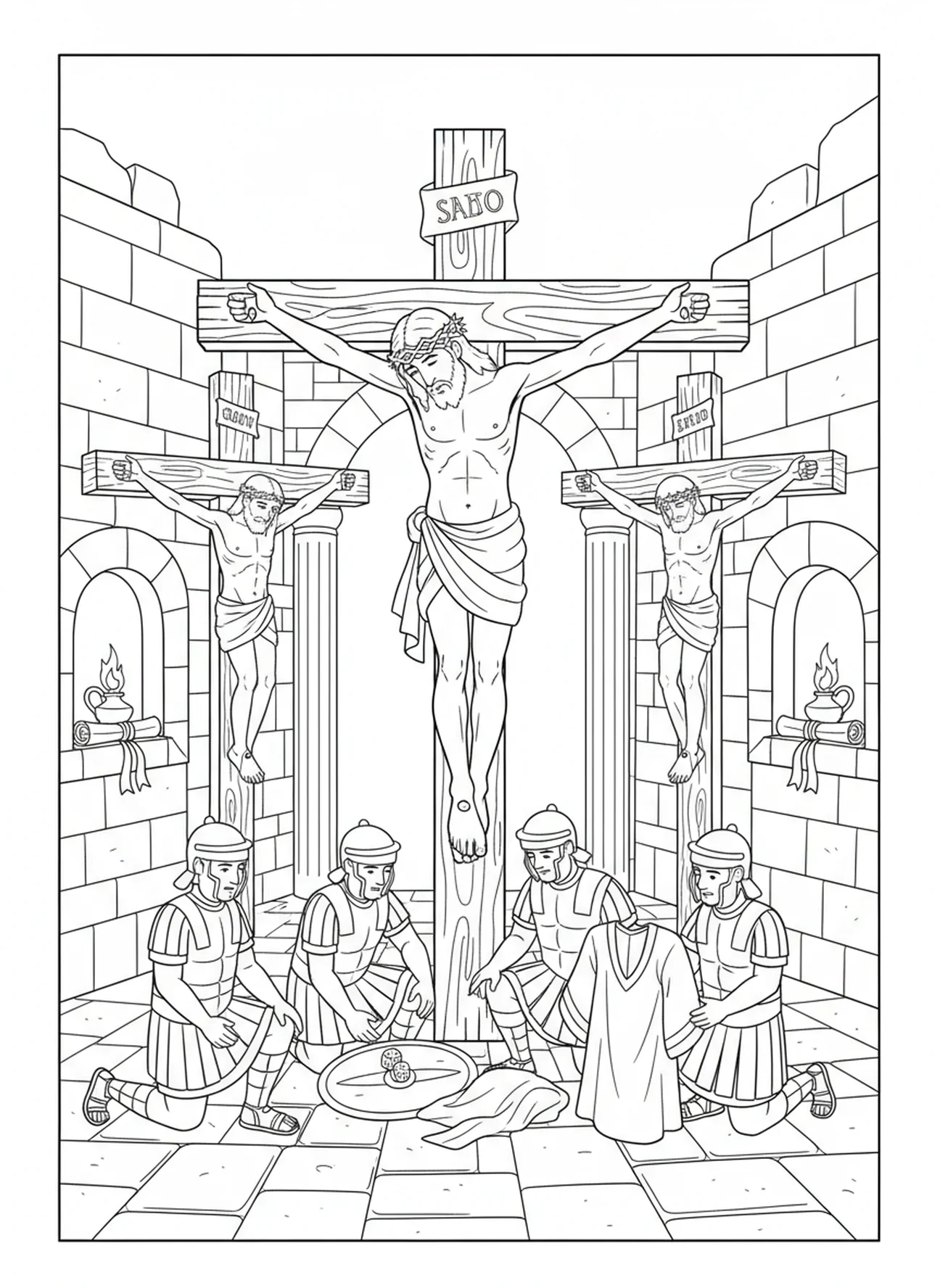 Jesus am Kreuz, Ausmalbild Stationen des Kreuzwegs 7 für Kinder in der Sonntagsschule im Alter von 5-12 Jahren.