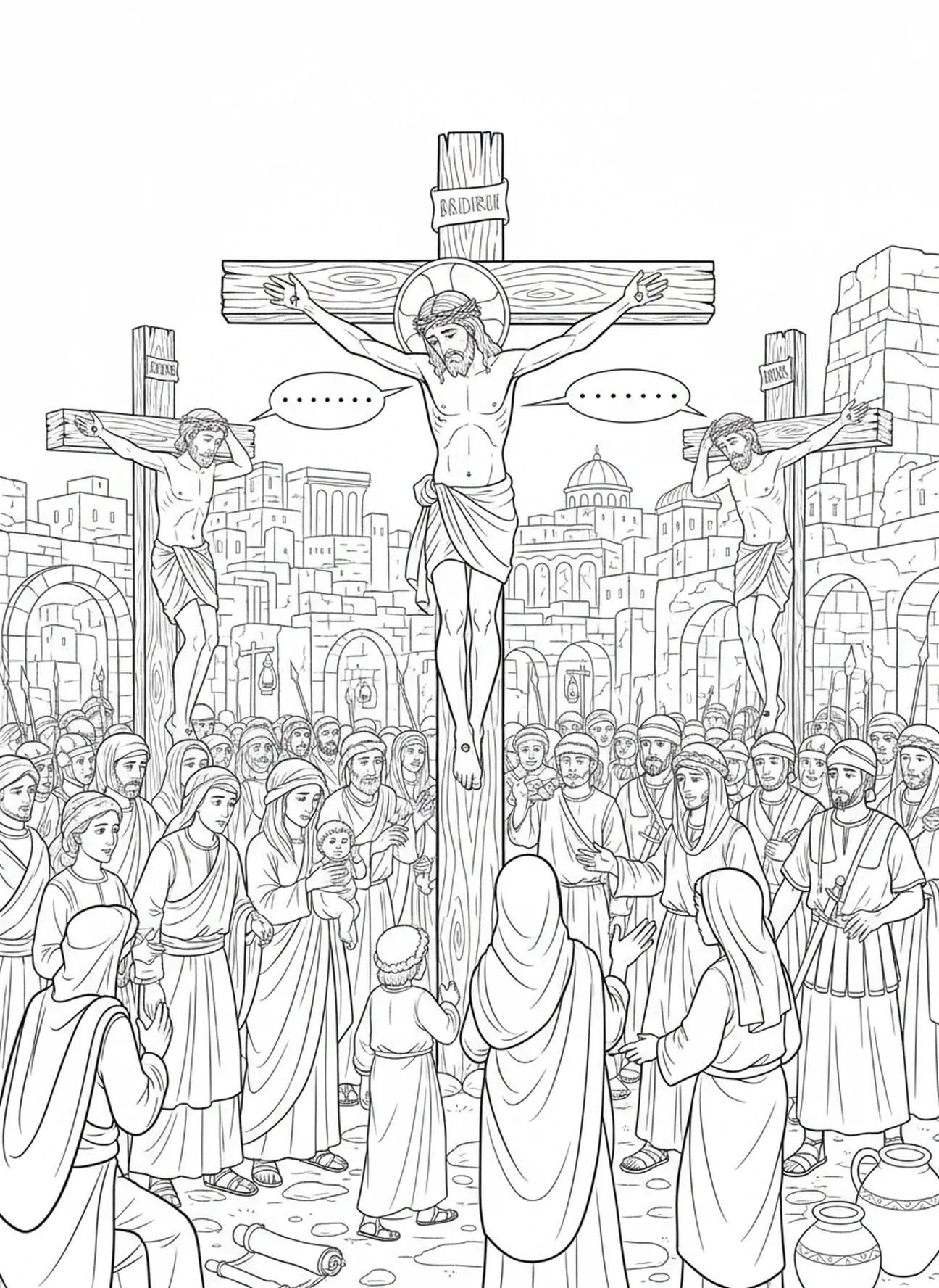 Jesus spricht zu den Räubern, Ausmalbild der 7. Station des Kreuzwegs für Sonntagsschulkinder im Alter von 5-12 Jahren.