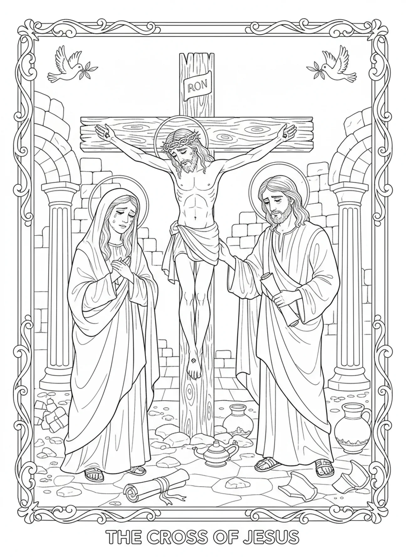 Maria und Johannes am Kreuz, Ausmalbild Stationen des Kreuzes 7 für Sonntagsschulkinder im Alter von 5-12 Jahren.