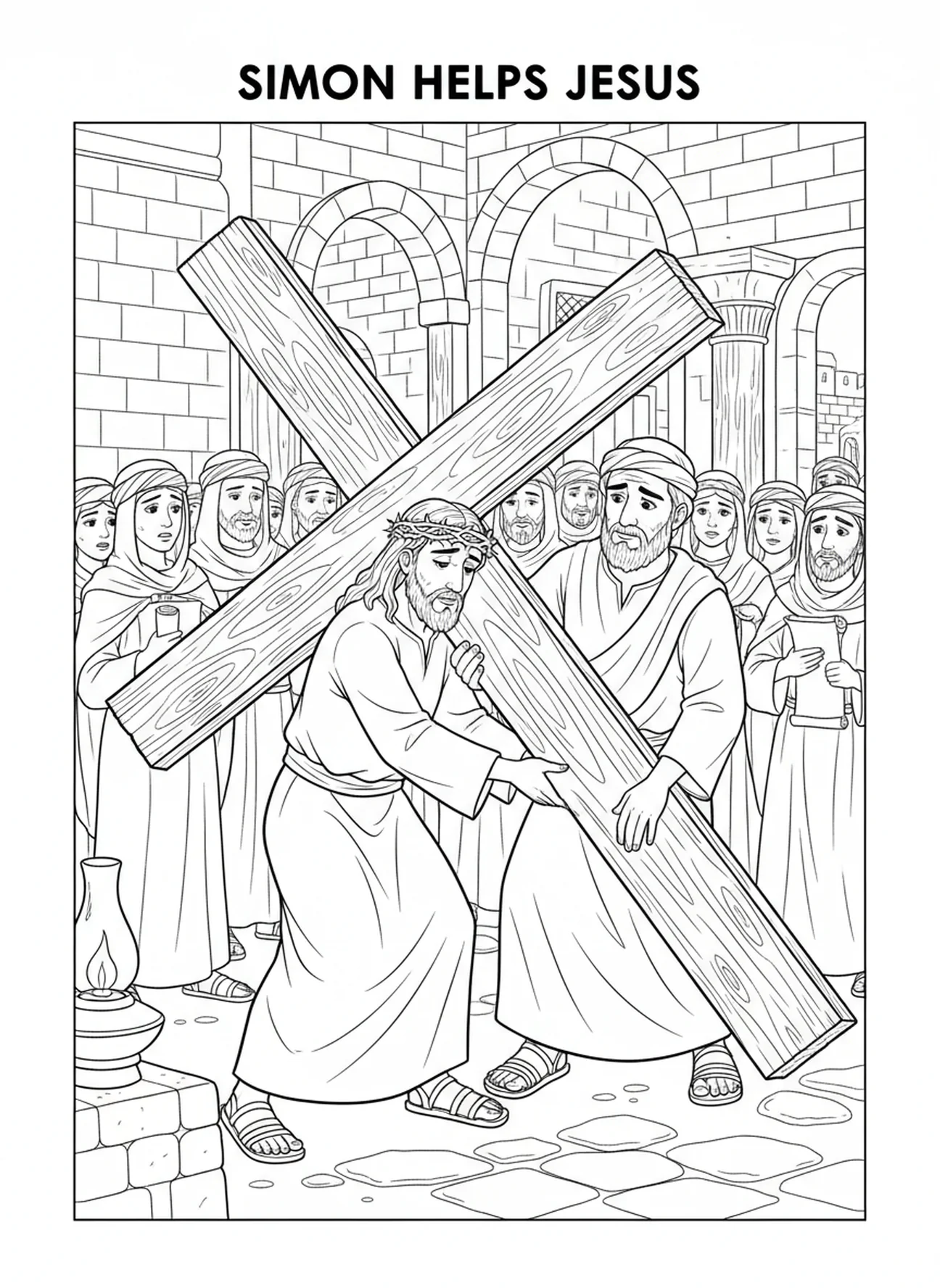 Simon hilft Jesus mit dem Kreuz, Ausmalbild zur 7. Station des Kreuzwegs für Kinder in der Sonntagsschule im Alter von 5-12 Jahren.