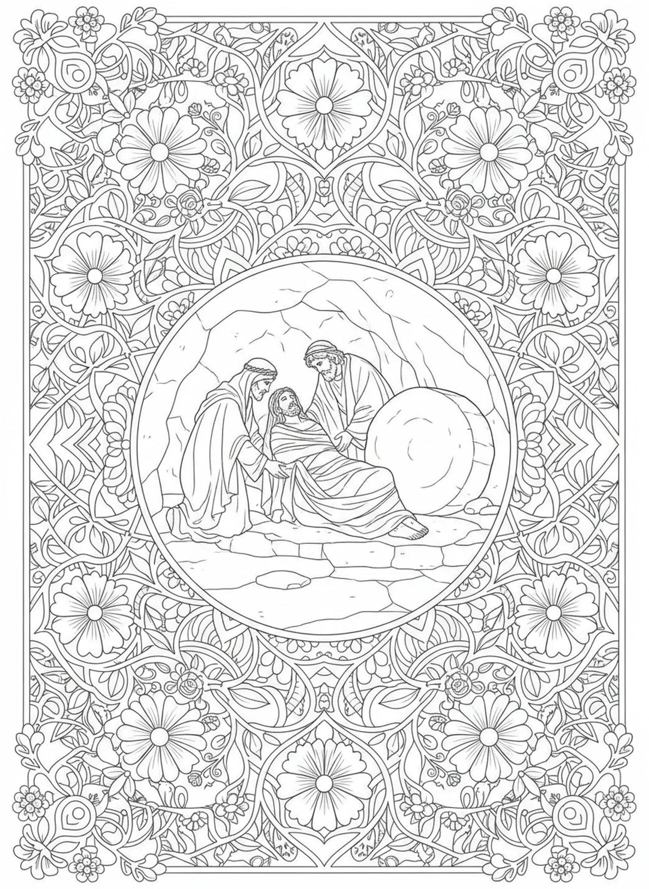 Jesus im Grab, Ausmalbild für Erwachsene zur 8. Station des Kreuzwegs im Bibel-Journaling-Stil.