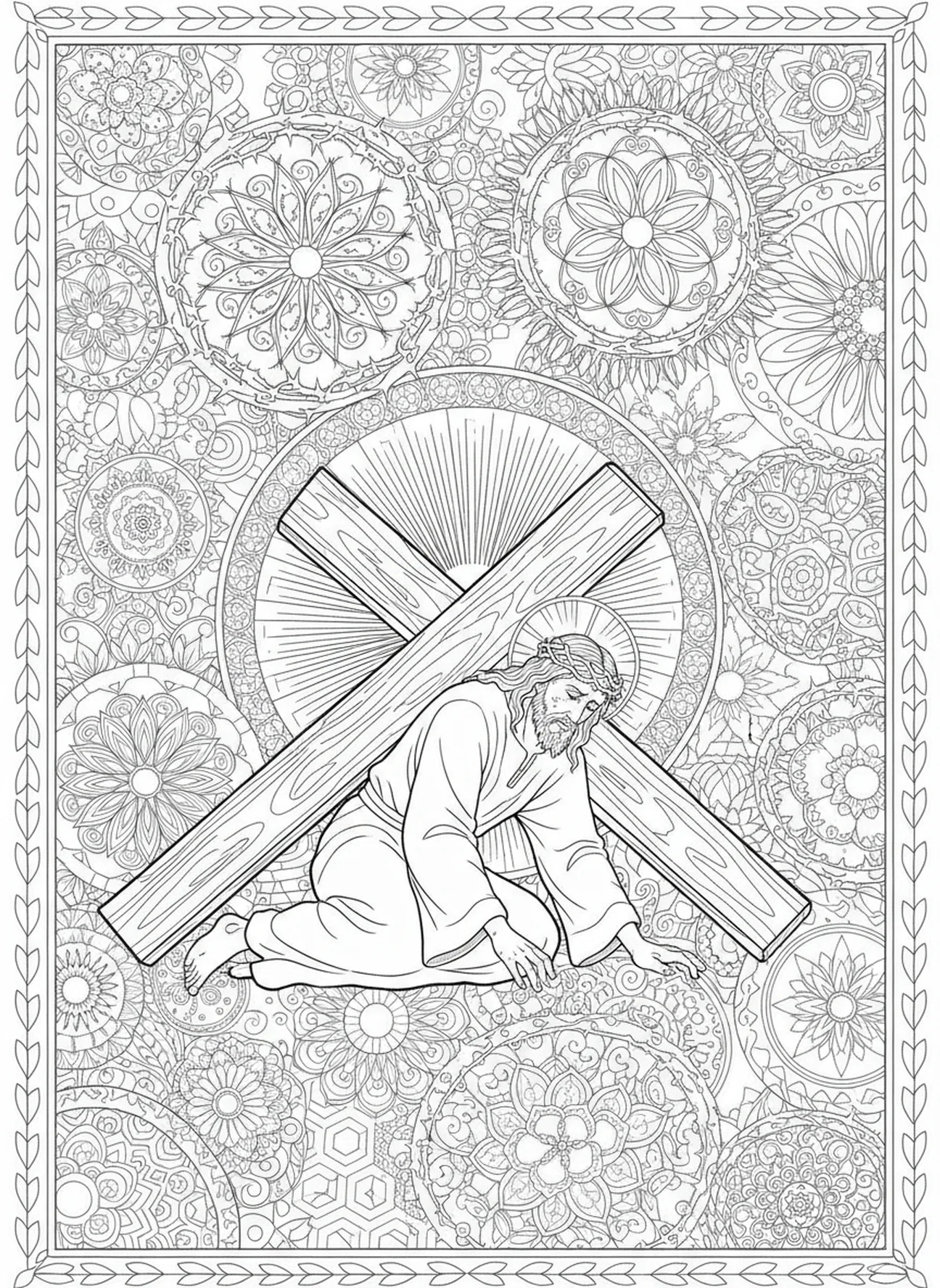 Jesus fällt unter dem Kreuz, Stationskreuz 8 Ausmalbild für Erwachsene im Stil des Bibel-Journalings.