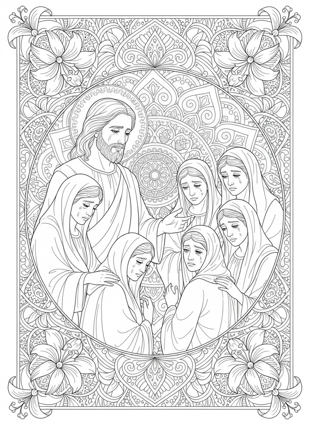 Jesus begegnet den Frauen von Jerusalem, Ausmalbild Stationen des Kreuzes 8 für Erwachsene im Stil des Bibel-Journalings.