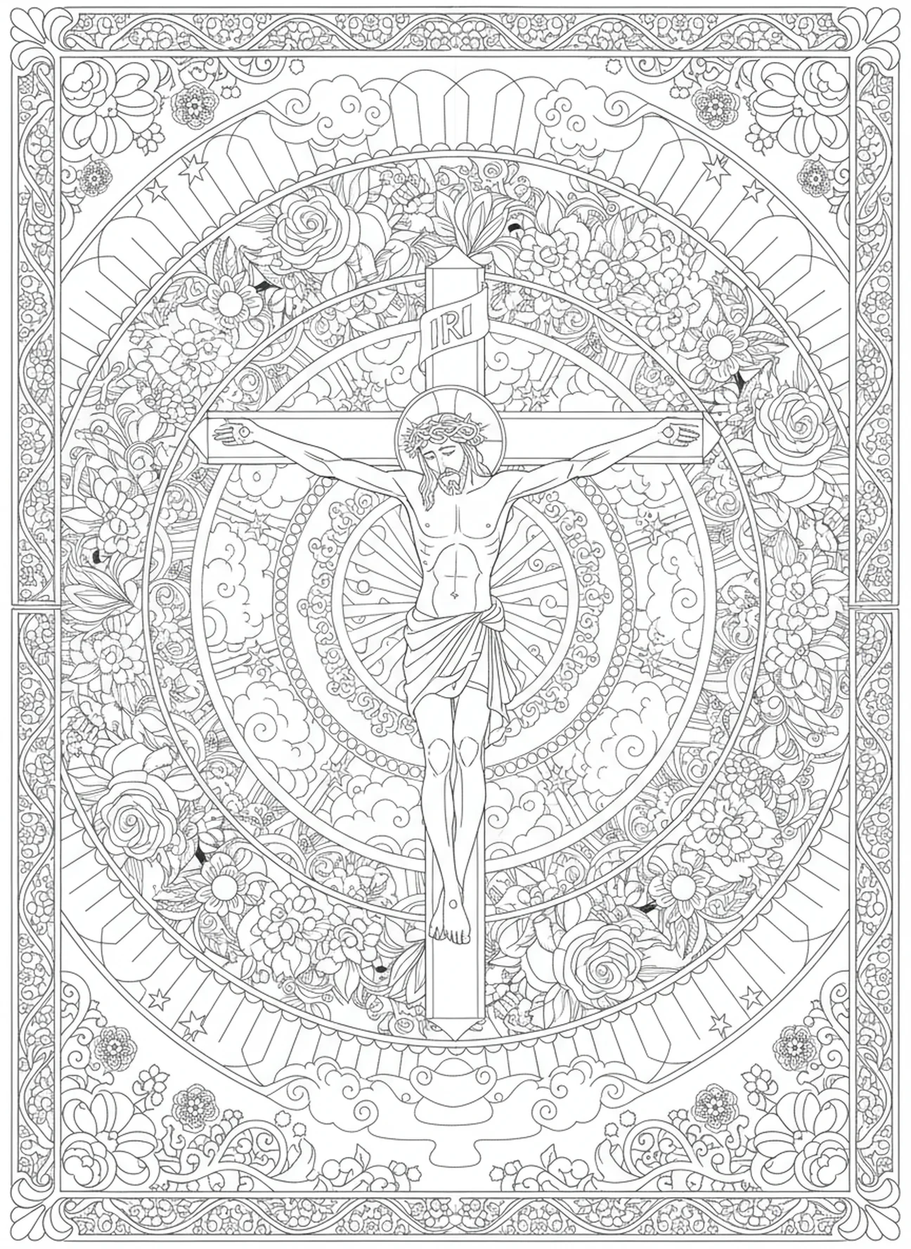 Jesus am Kreuz, Stationskreuz 8 Ausmalbild für Erwachsene im Bibel-Journaling-Stil.