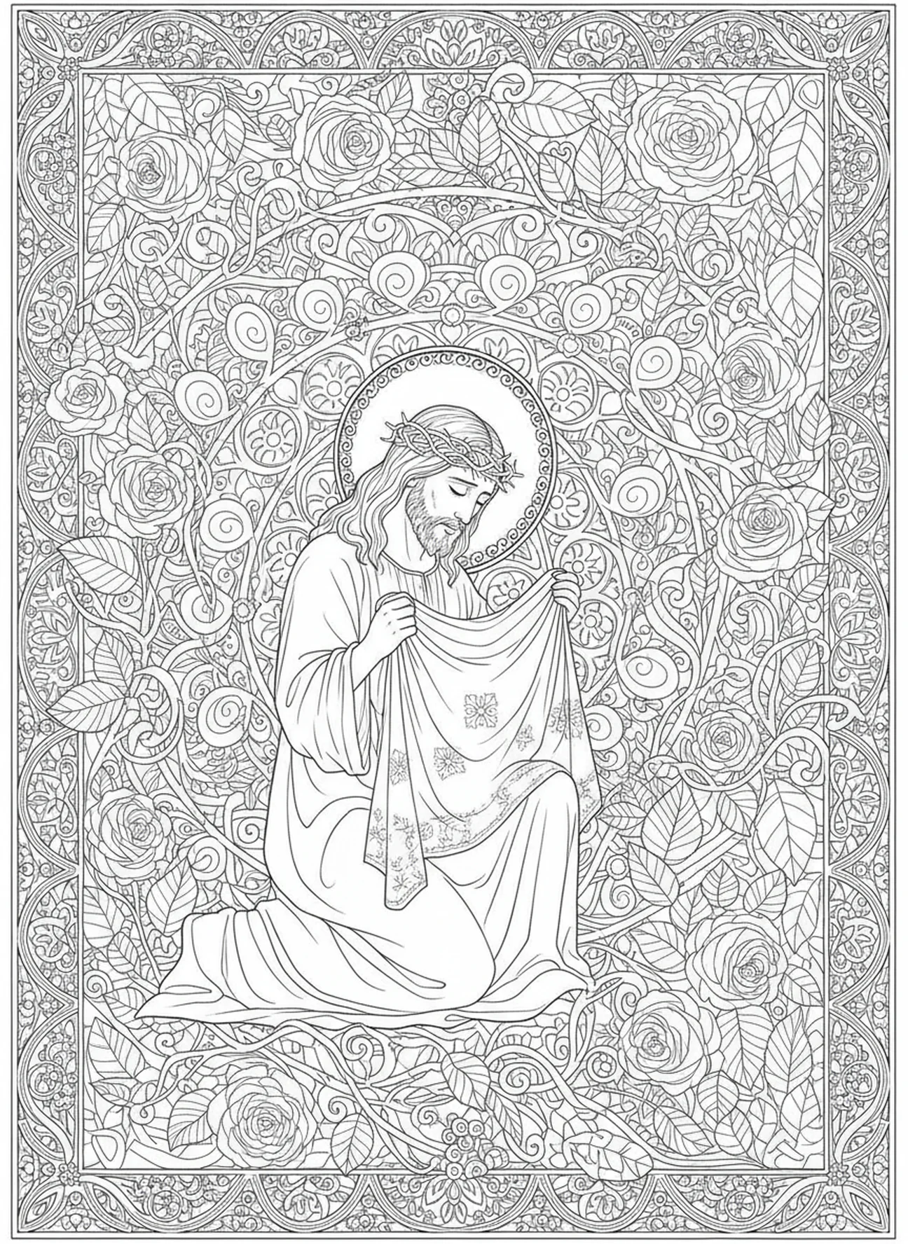 Veronika wischt Jesus' Gesicht, Ausmalbild für Erwachsene zur 8. Station des Kreuzwegs im Bibel-Journaling-Stil.