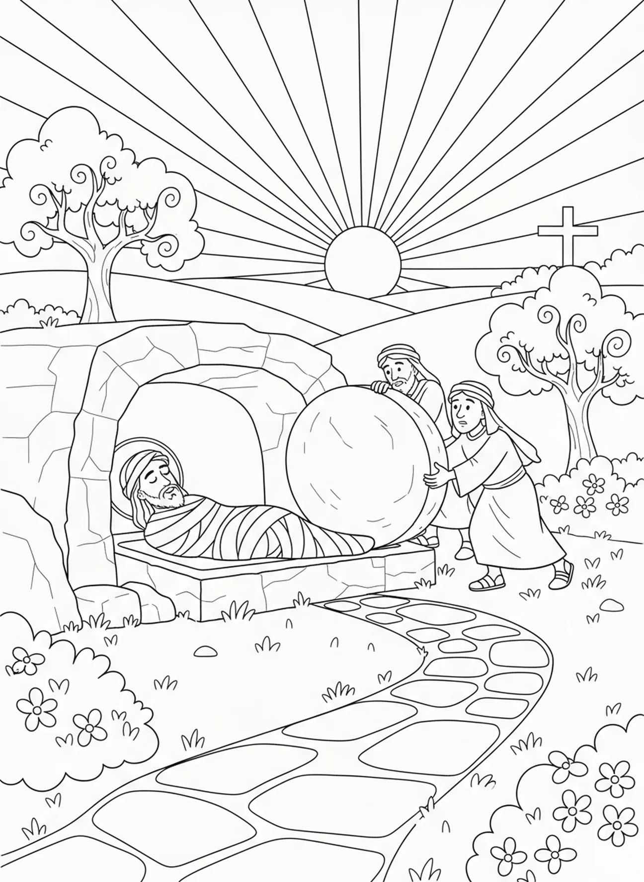 Jésus reposant dans le tombeau, page à colorier des Stations de la Croix 8 pour les enfants de 5 à 10 ans.
