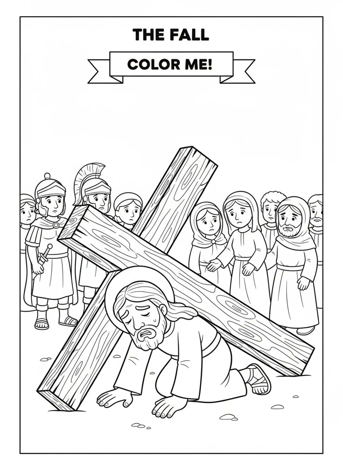Jésus tombant avec la croix, coloriage des Stations de la Croix 8 pour les enfants de 5 à 10 ans.