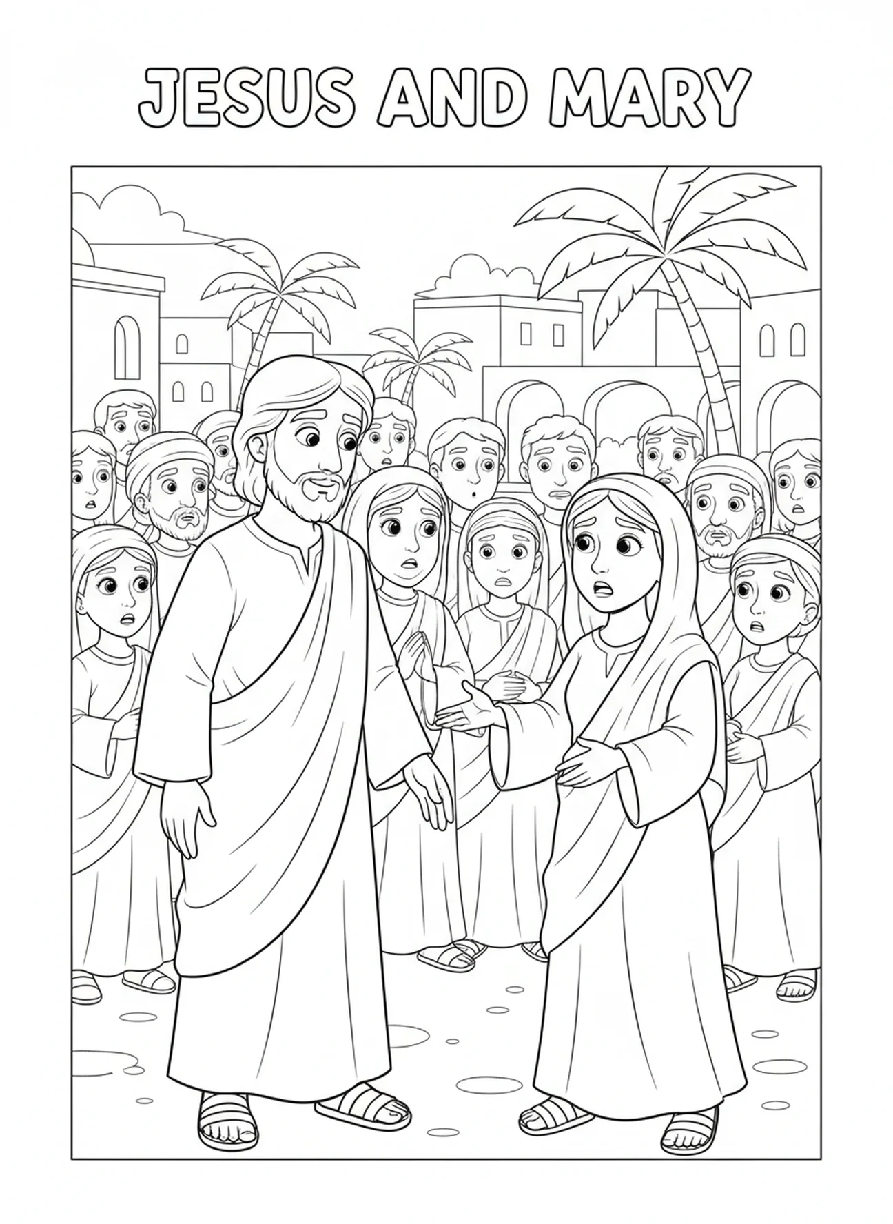 Jésus rencontrant Marie, page à colorier des Stations de la Croix 8 pour les enfants de 5 à 10 ans.