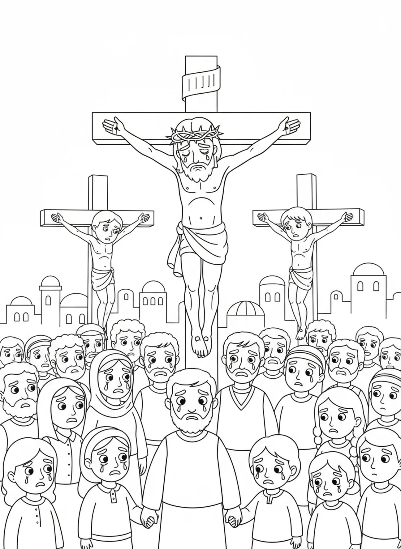 Jésus sur la croix, page à colorier des Stations de la Croix 8 pour les enfants de 5 à 10 ans.