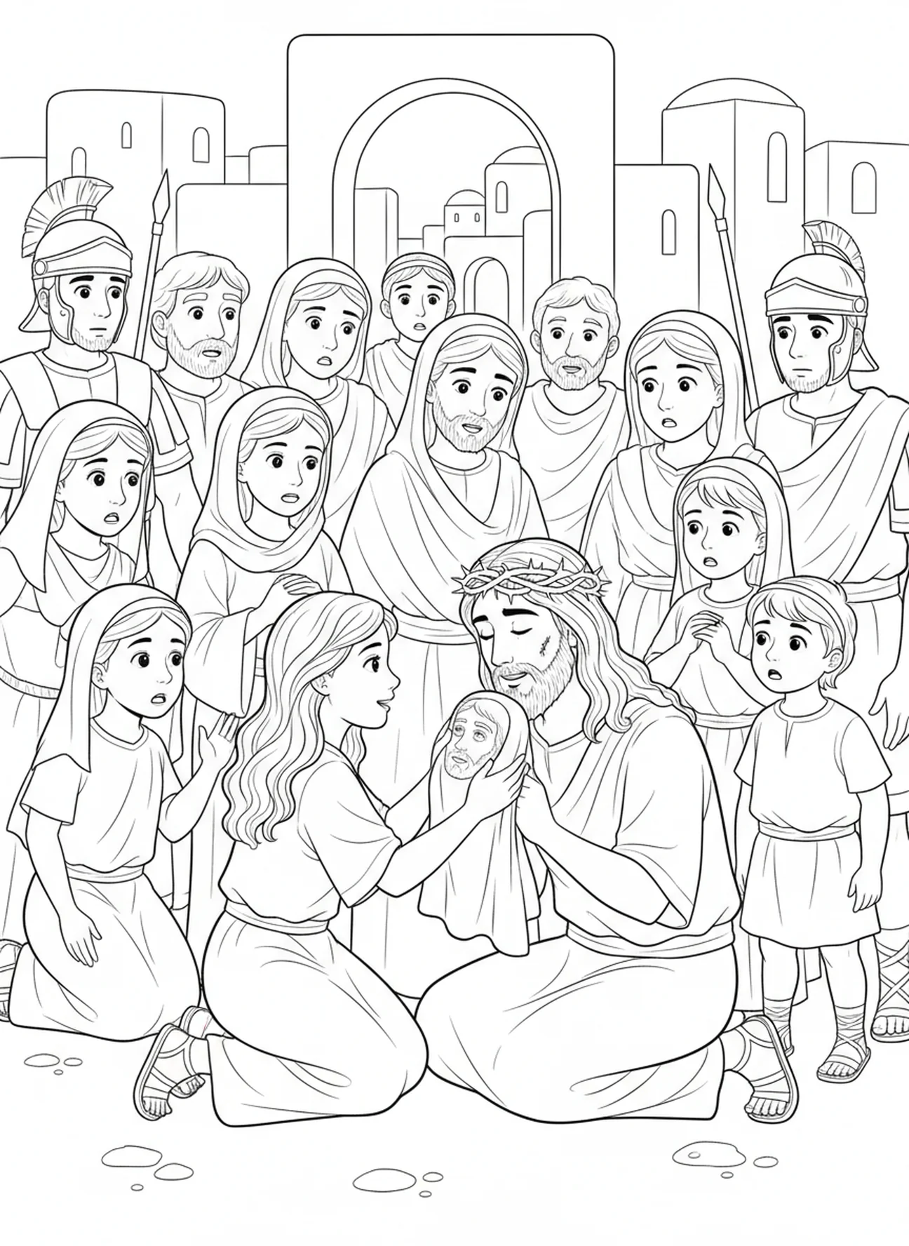Véronique essuie le visage de Jésus, page à colorier des Stations de la Croix 8 pour les enfants de 5 à 10 ans.