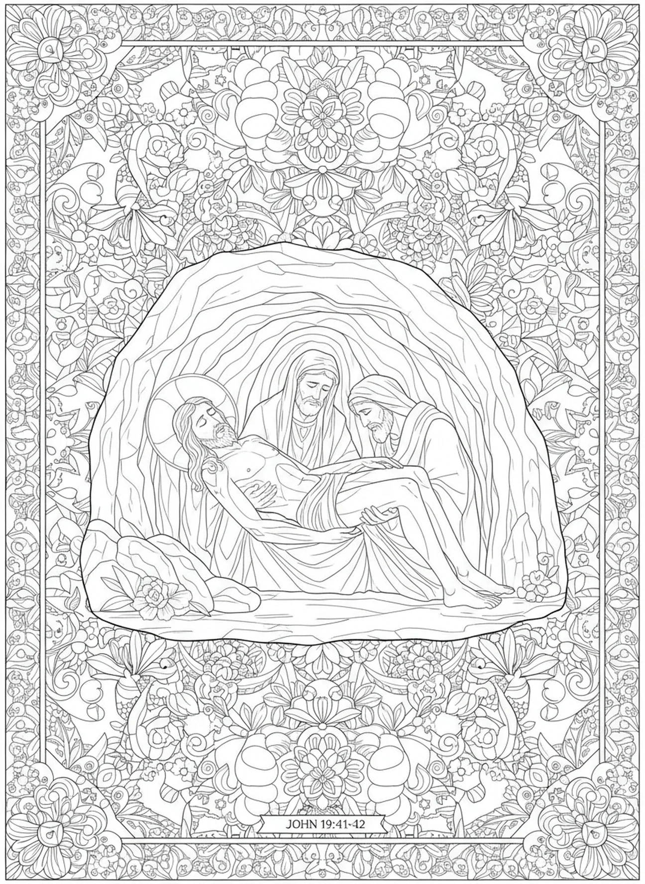 Jésus reposant dans le tombeau, page à colorier de la 9ème station du chemin de croix pour adultes dans un style de journal biblique.
