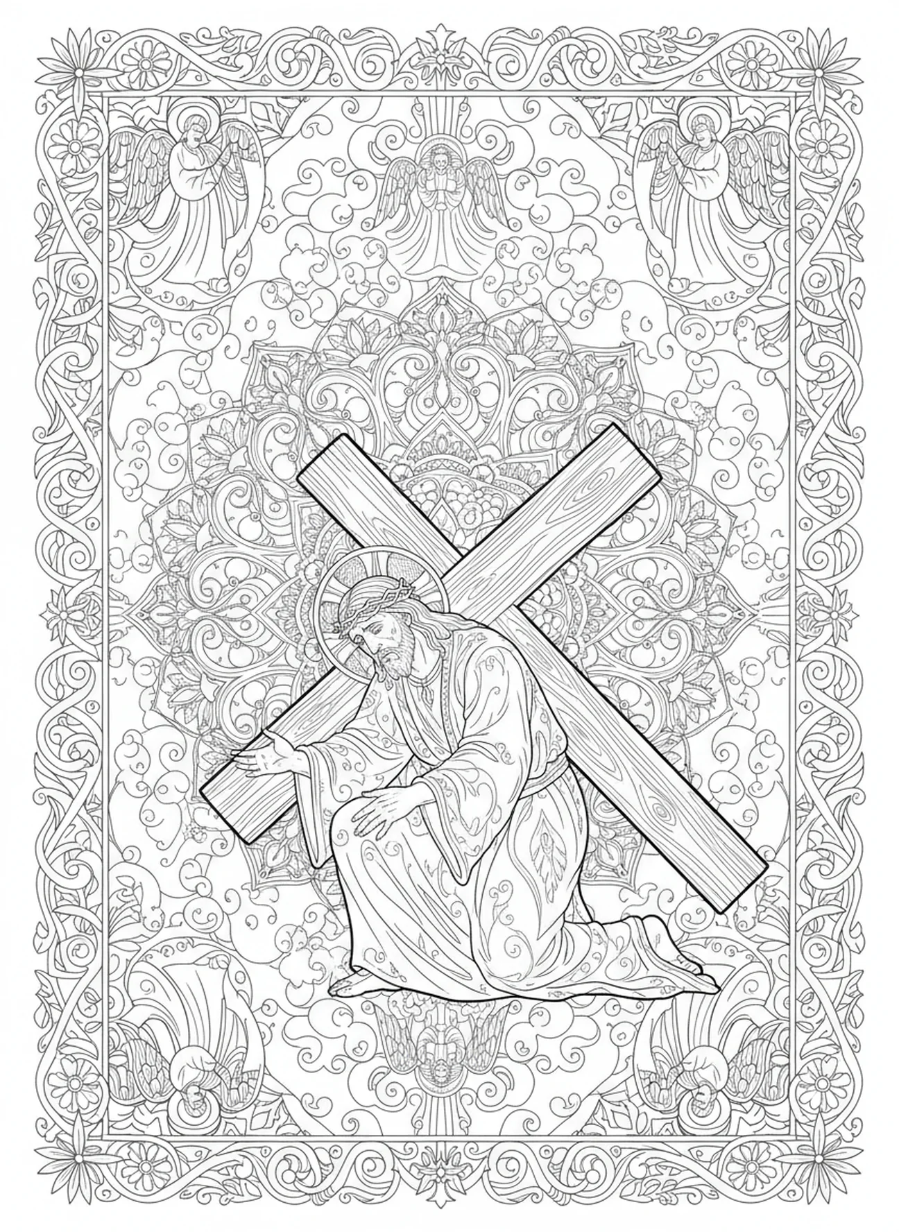 Jésus tombant en portant la croix, page à colorier des Stations de la Croix 9 pour adultes dans un style de journal biblique.