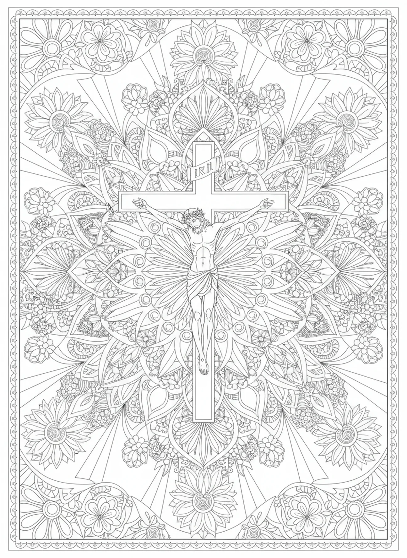 Jésus crucifié sur la croix, page à colorier des Stations de la Croix 9 pour adultes dans un style de journal biblique.