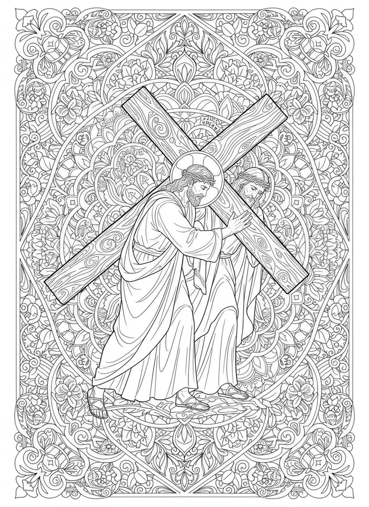 Simon aidant Jésus avec la croix, page à colorier des Stations de la Croix 9 pour adultes dans un style de journal biblique.