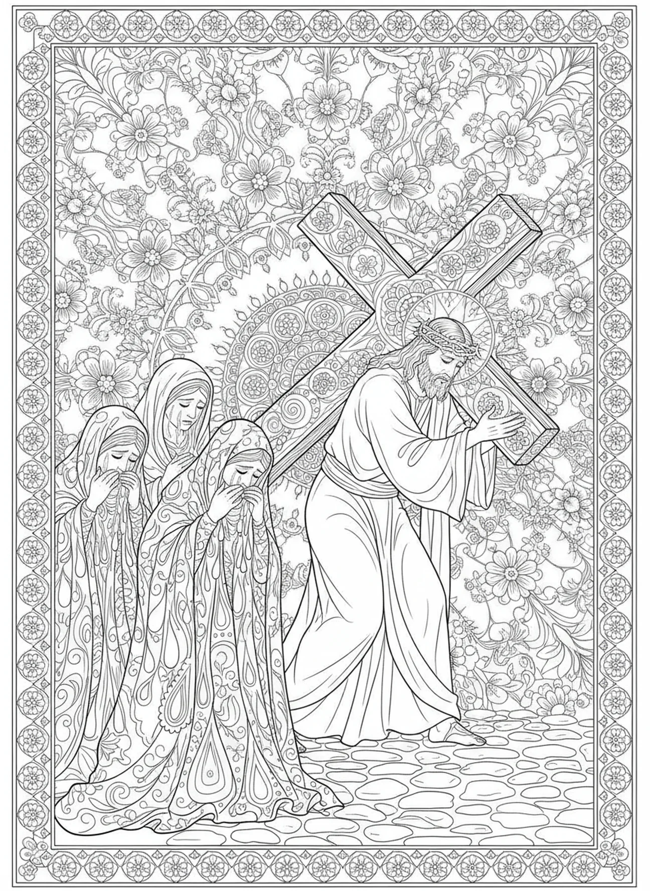 Femmes pleurant pour Jésus, page à colorier des Stations de la Croix 9 pour adultes dans un style de journal biblique.