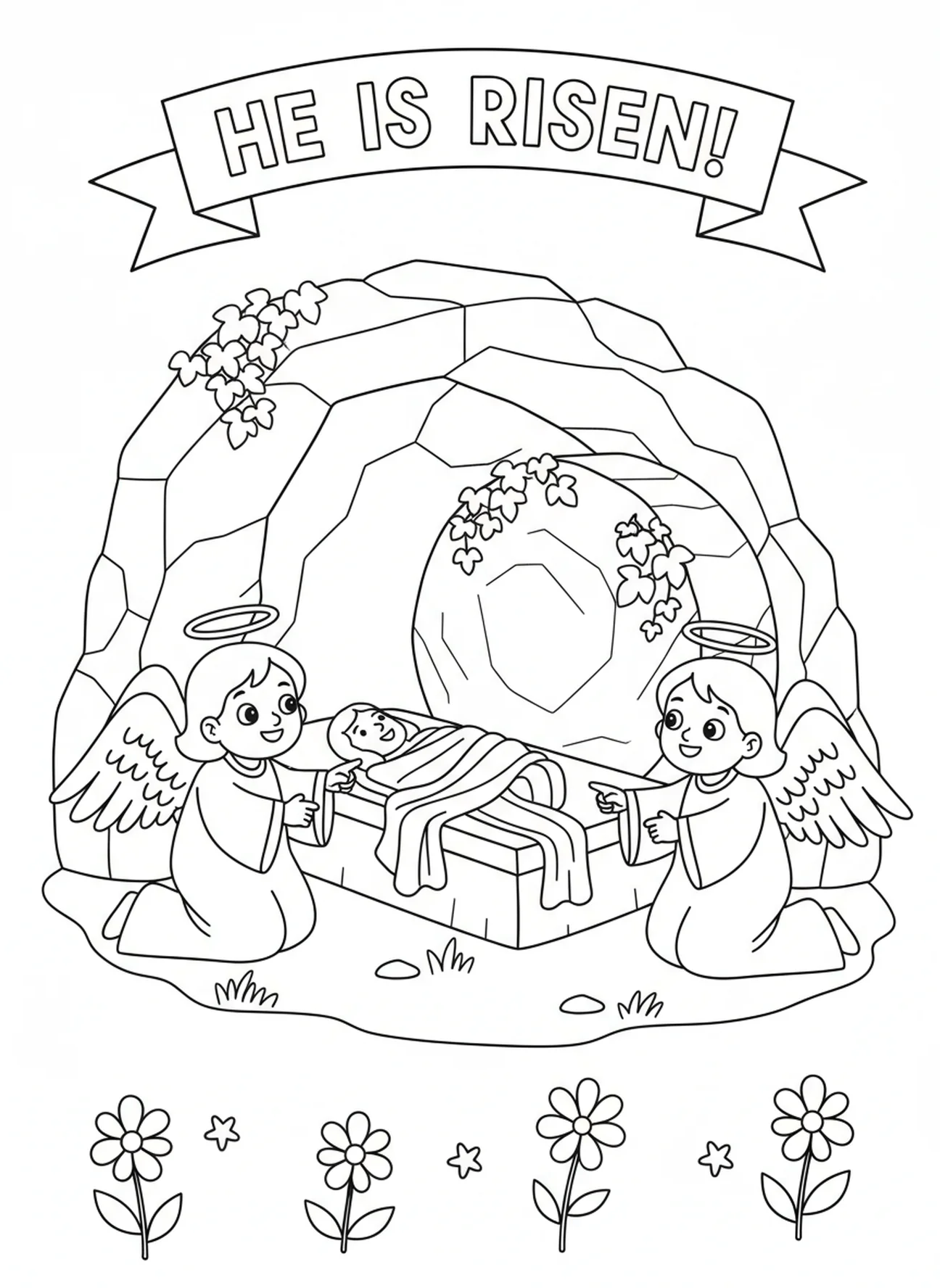 Jésus dans le tombeau, page à colorier des Stations de la Croix 9 pour les enfants de 5 à 10 ans.