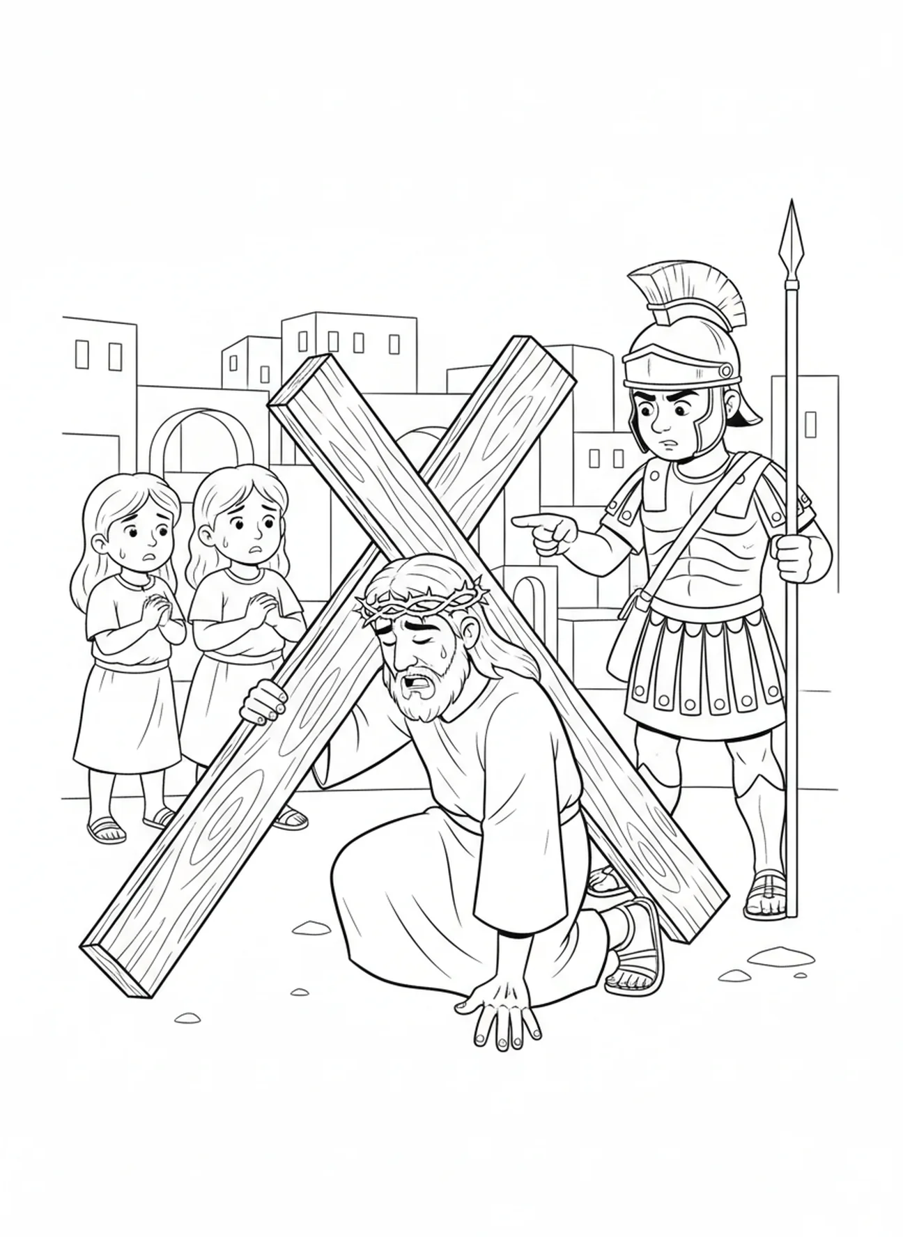 Jésus tombe sous la croix, coloriage des Stations de la Croix 9 pour les enfants de 5 à 10 ans.