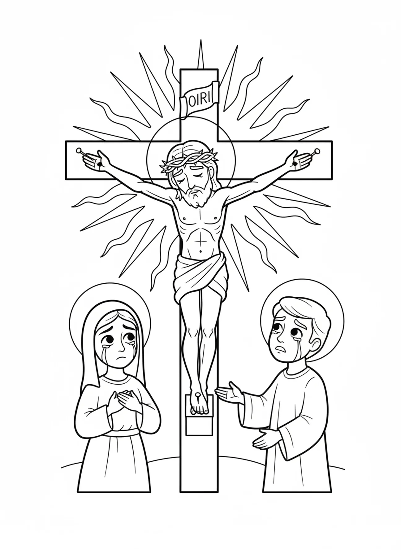Jésus sur la croix, page à colorier des Stations de la Croix 9 pour les enfants de 5 à 10 ans.