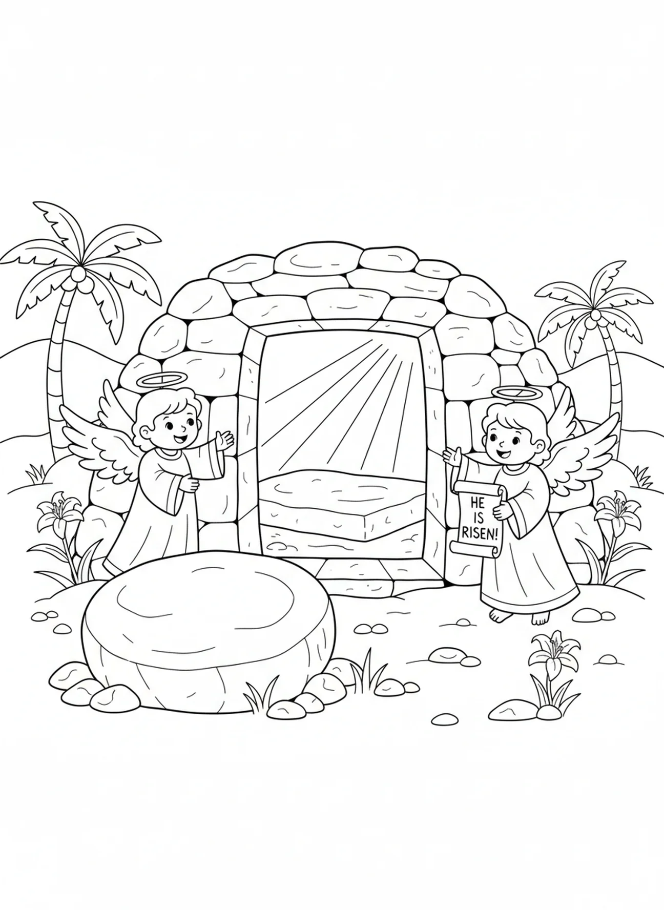 Tombeau vide avec des anges, page à colorier des Stations de la Croix 9 pour les enfants de 5 à 10 ans.