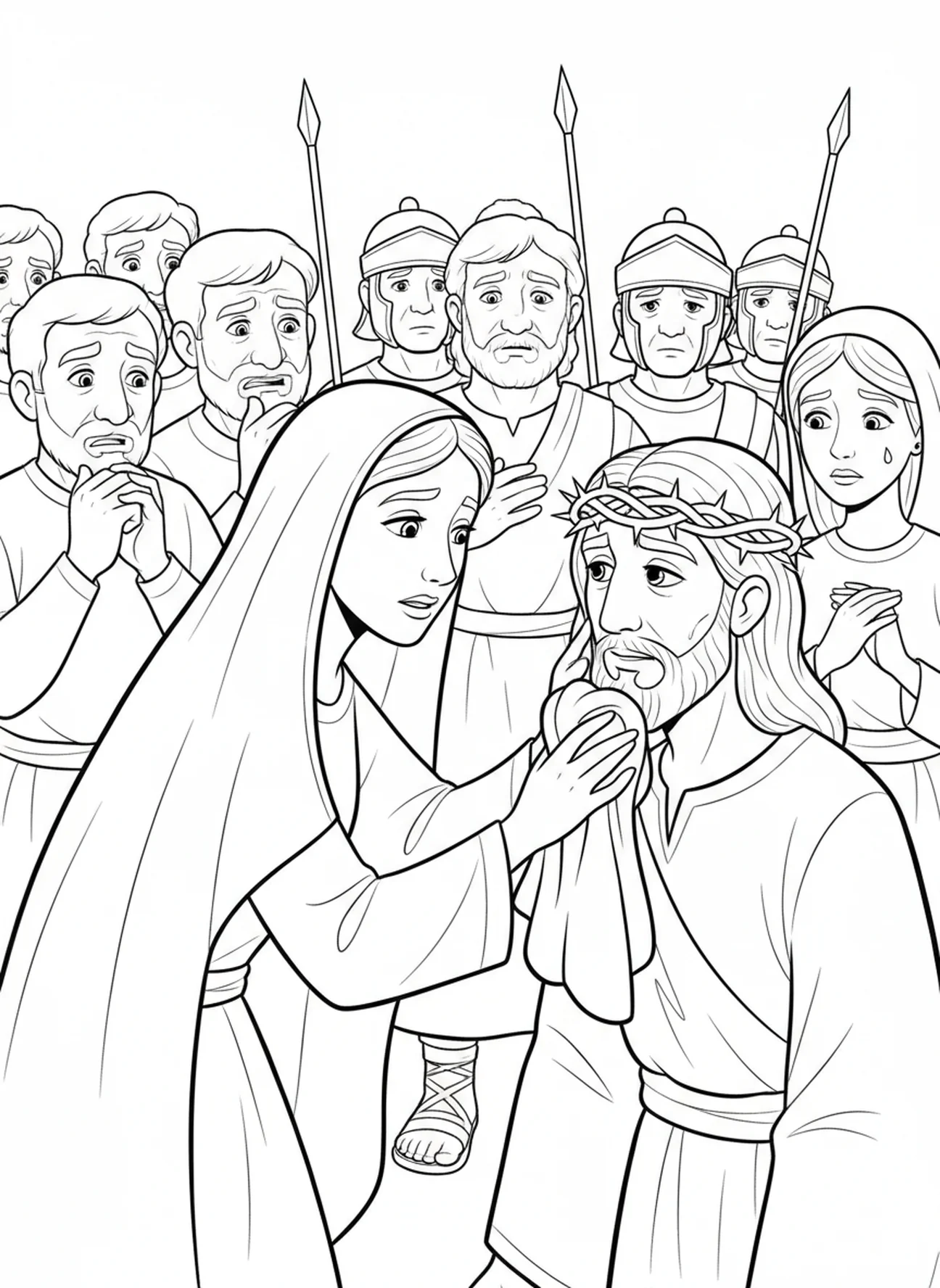 Véronique essuie le visage de Jésus, page à colorier des Stations de la Croix 9 pour enfants de 5 à 10 ans.