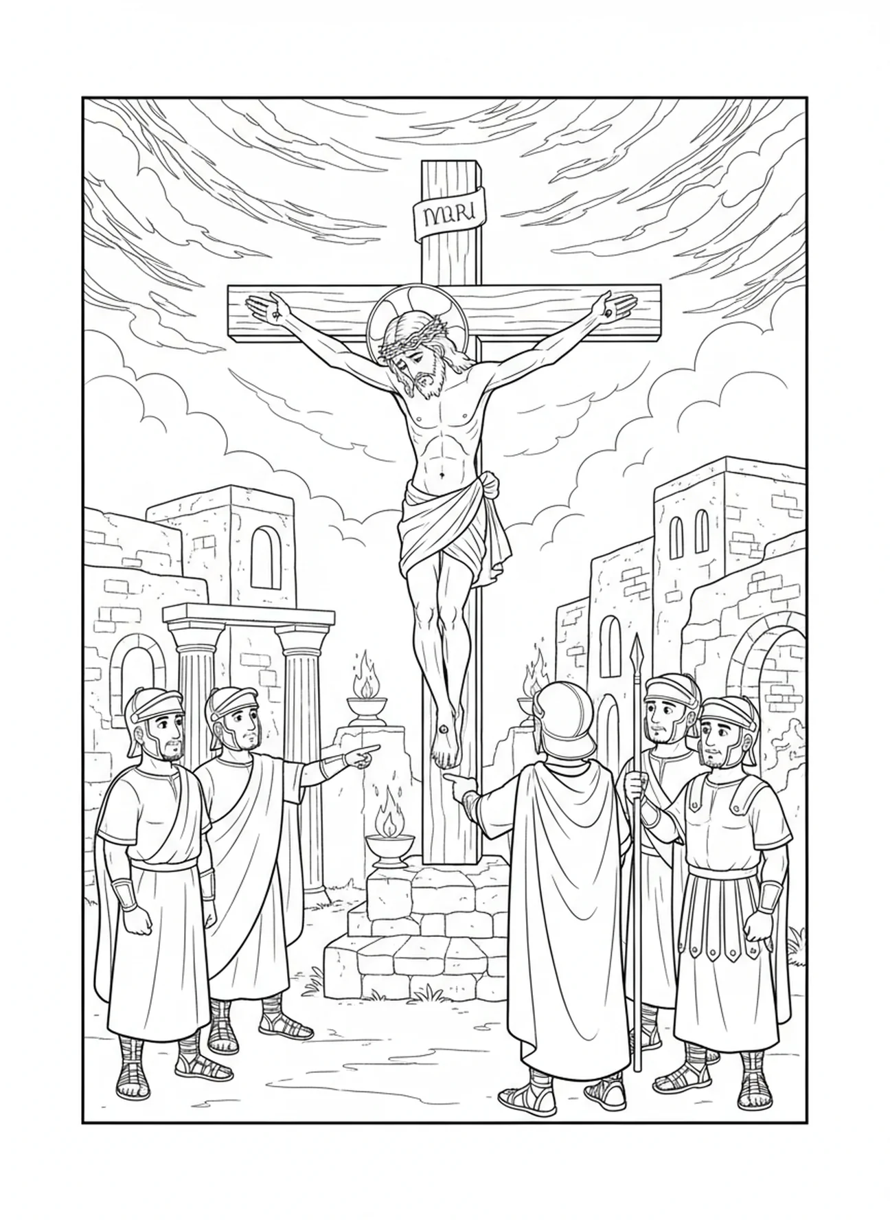 Jesus gibt seinen Geist am Kreuz auf, Ausmalbild der 9. Station des Kreuzwegs für Kinder in der Sonntagsschule im Alter von 5-12 Jahren.