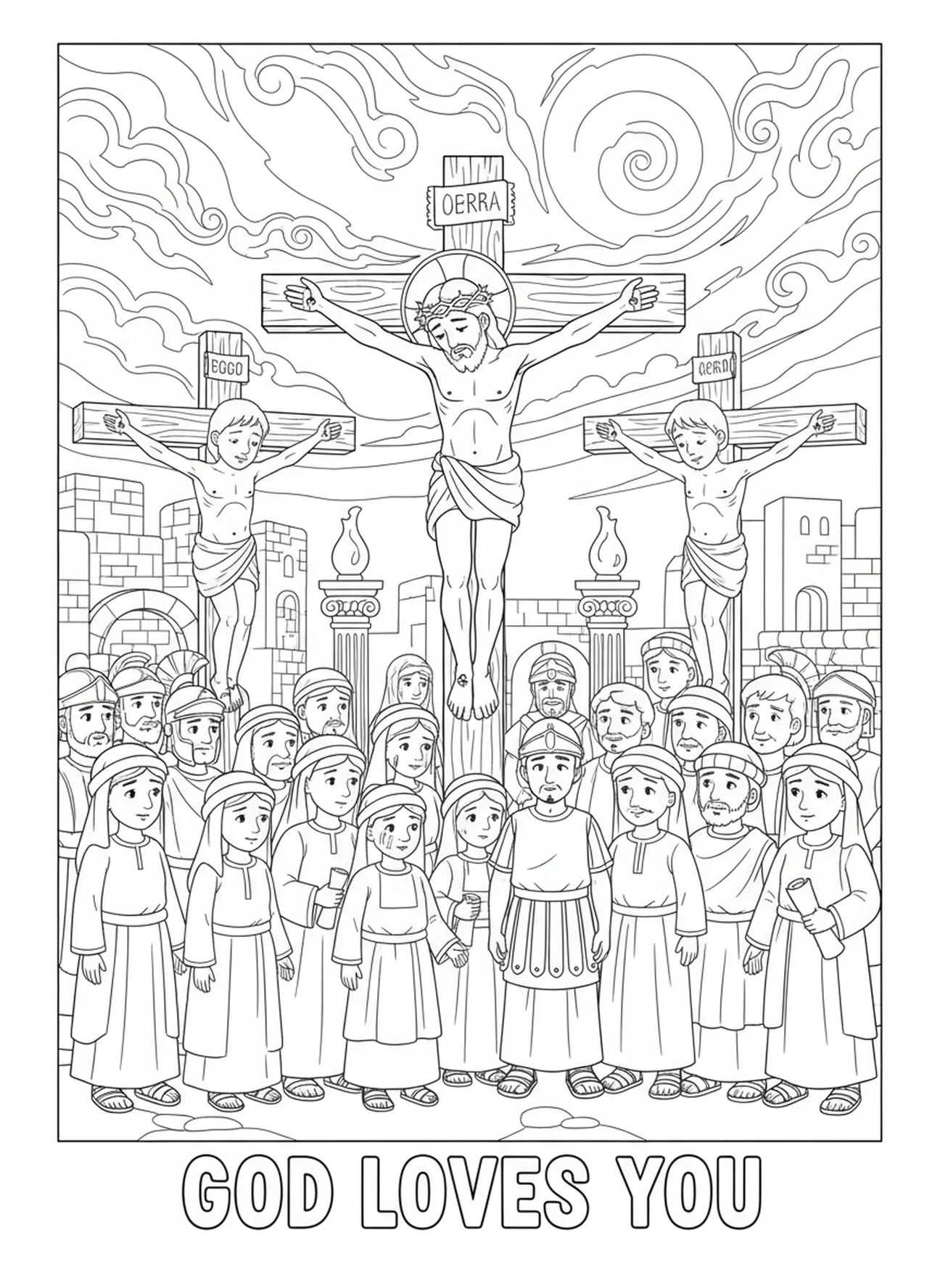 Jesus am Kreuz zwischen zwei Verbrechern, Ausmalbild Stationen des Kreuzwegs 9 für Sonntagsschulkinder im Alter von 5-12 Jahren.