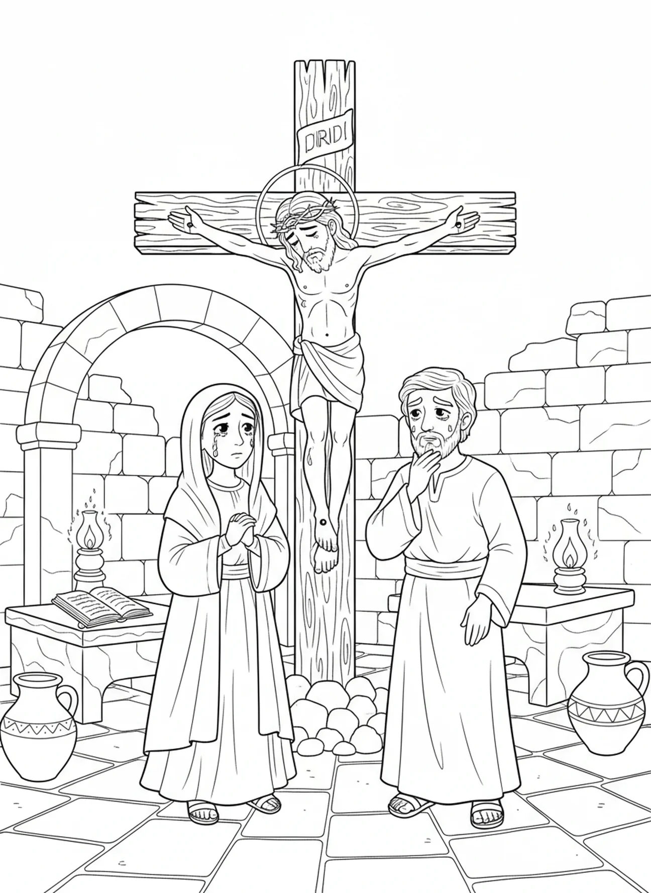 Maria und Johannes am Kreuz, Ausmalbild der 9. Station für Kinder in der Sonntagsschule im Alter von 5-12 Jahren.