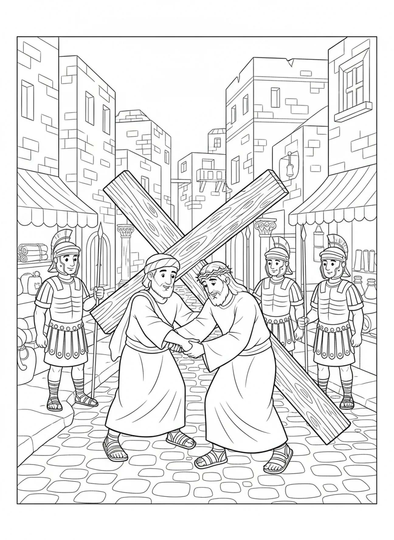 Simon hilft Jesus mit dem Kreuz, Ausmalbild zur 9. Station des Kreuzwegs für Sonntagsschulkinder im Alter von 5-12 Jahren.