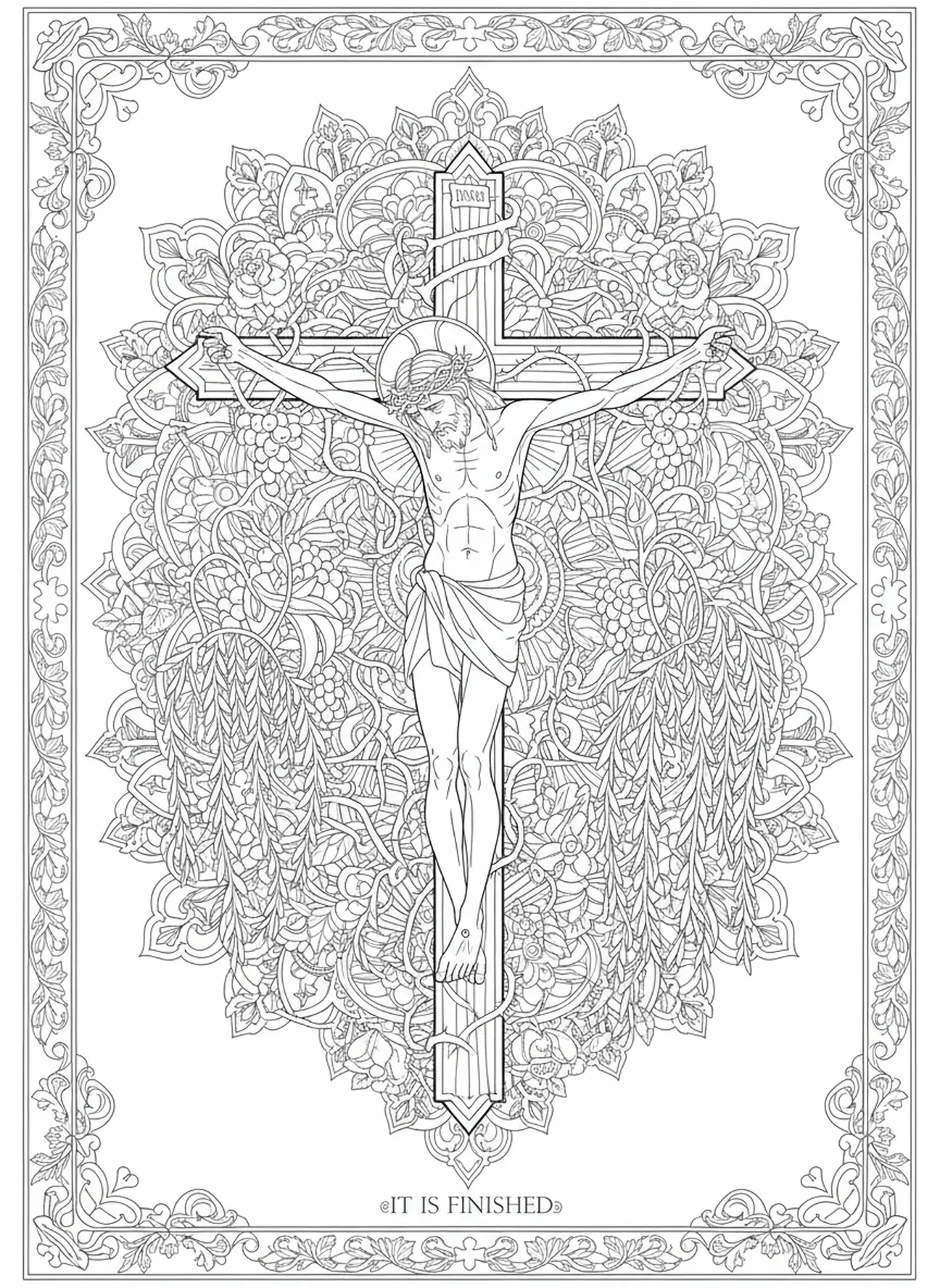 Jésus meurt sur la croix, page à colorier des Stations de la Croix pour adultes dans un style de journal biblique.